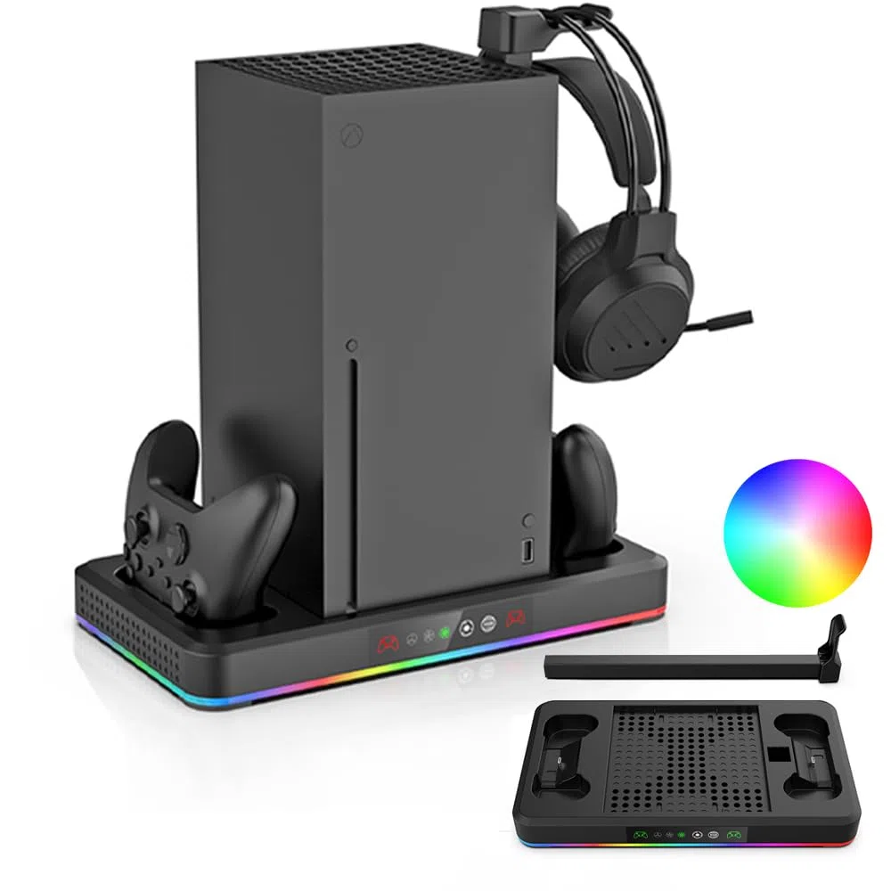 Ventola di raffreddamento verticale automatica e doppia stazione di ricarica per Xbox Series S/Series X con illuminazione ambientale RGB, grande ventola turbo, supporto per cuffie, filtri antipolvere