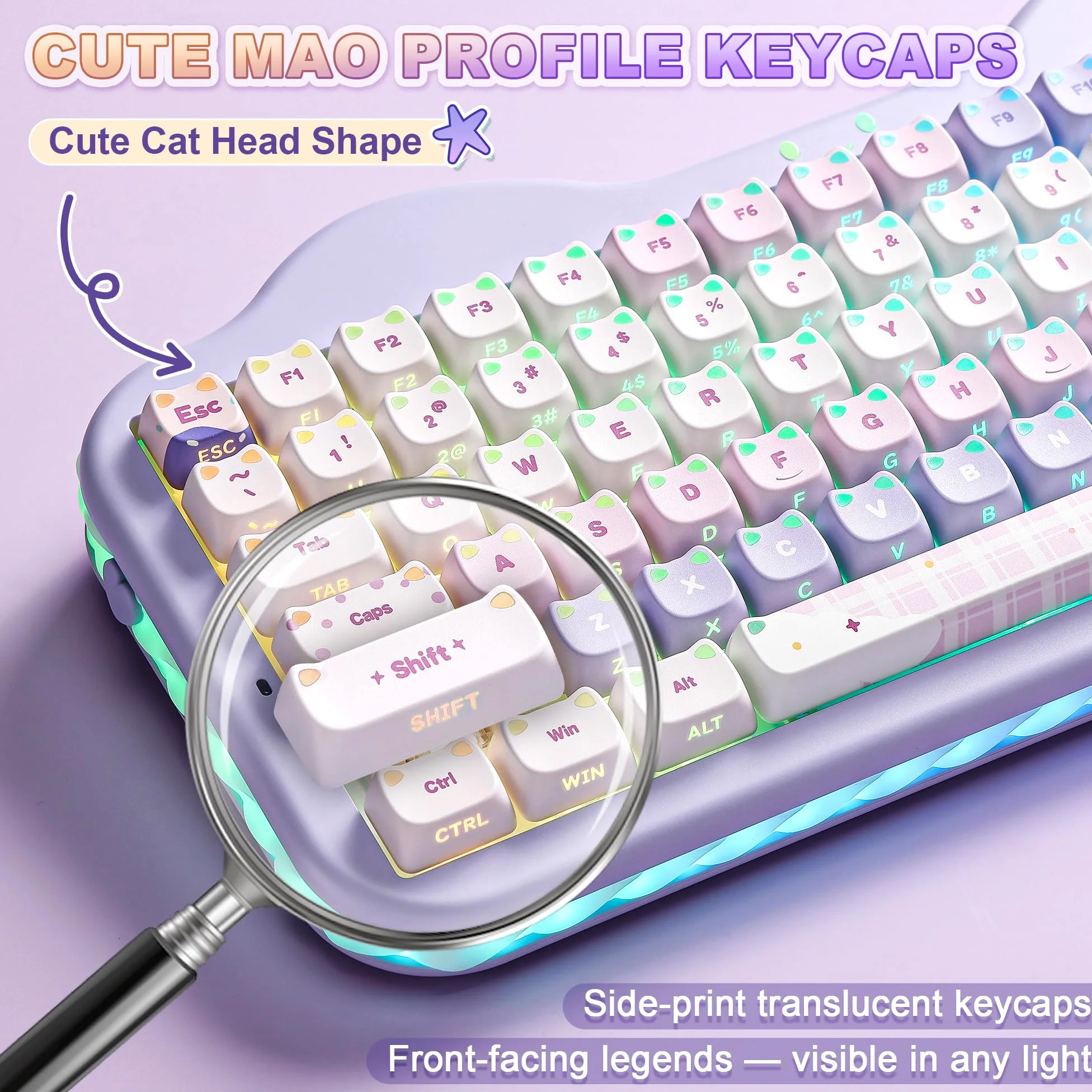YUNZII C75 MAO Cat Tastiera Meccanica Gaming (Purple, Candy-linear) | 75% Layout, Hot Swap, BT/2.4G/USB-C, PBT Keycaps, RGB Retroilluminata, Suono Cremoso Thocky, NKRO, Cute Keyboard for Gaming