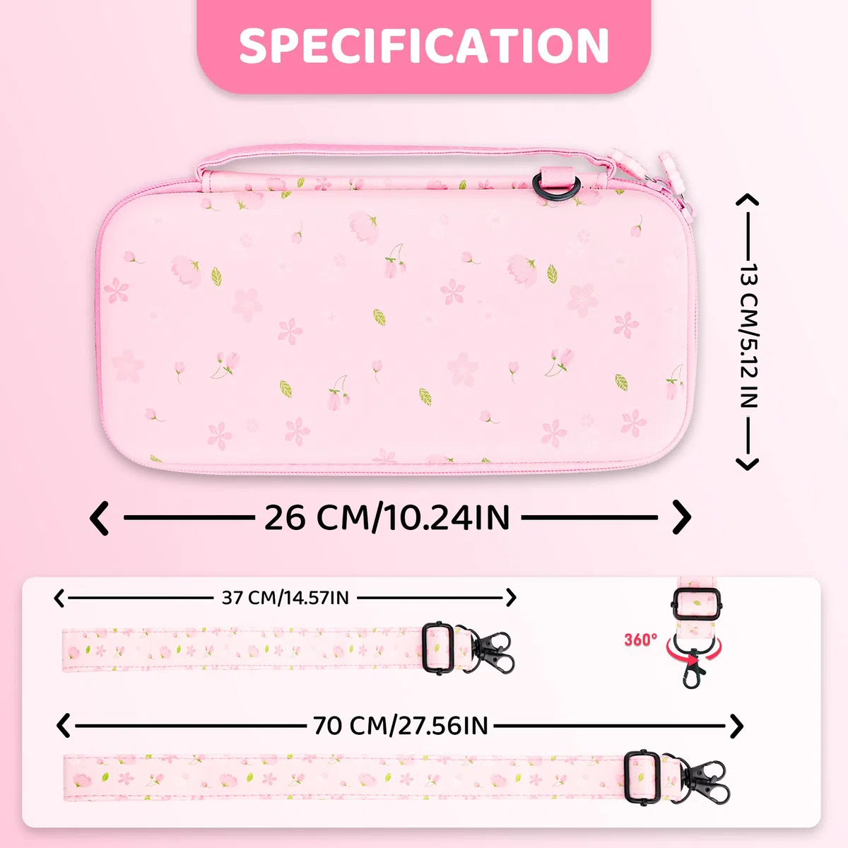 FANPL Custodia da trasporto carina per Nintendo Switch 2, kit di accessori per interruttore rosa con custodia rigida da viaggio con motivo floreale, cover Sakura glitterata, cinturino regolabile