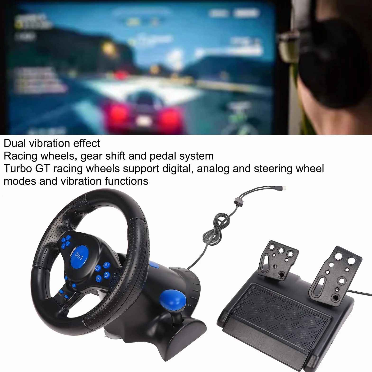 SYH&AQYE Volante da Gioco Multifunzionale, Volante da Gioco 3 in 1 con Pedali, Volante da Corsa USB Rotazione di 180 Gradi, Doppio Effetto Vibrazione, per PS3, PS2, PC