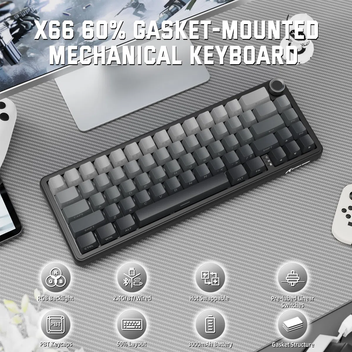 MAMBASNAKE X ATTACK SHARK X66 65% Tastiera Meccanica Wireless Con Manopola, Tastiera Hot Swap RGB Gaming Keyboard 60 Percento, BT/2.4G/USB-C,Linear Switch,Tasti PBT Stampati Lateralmente-Moonlit Night