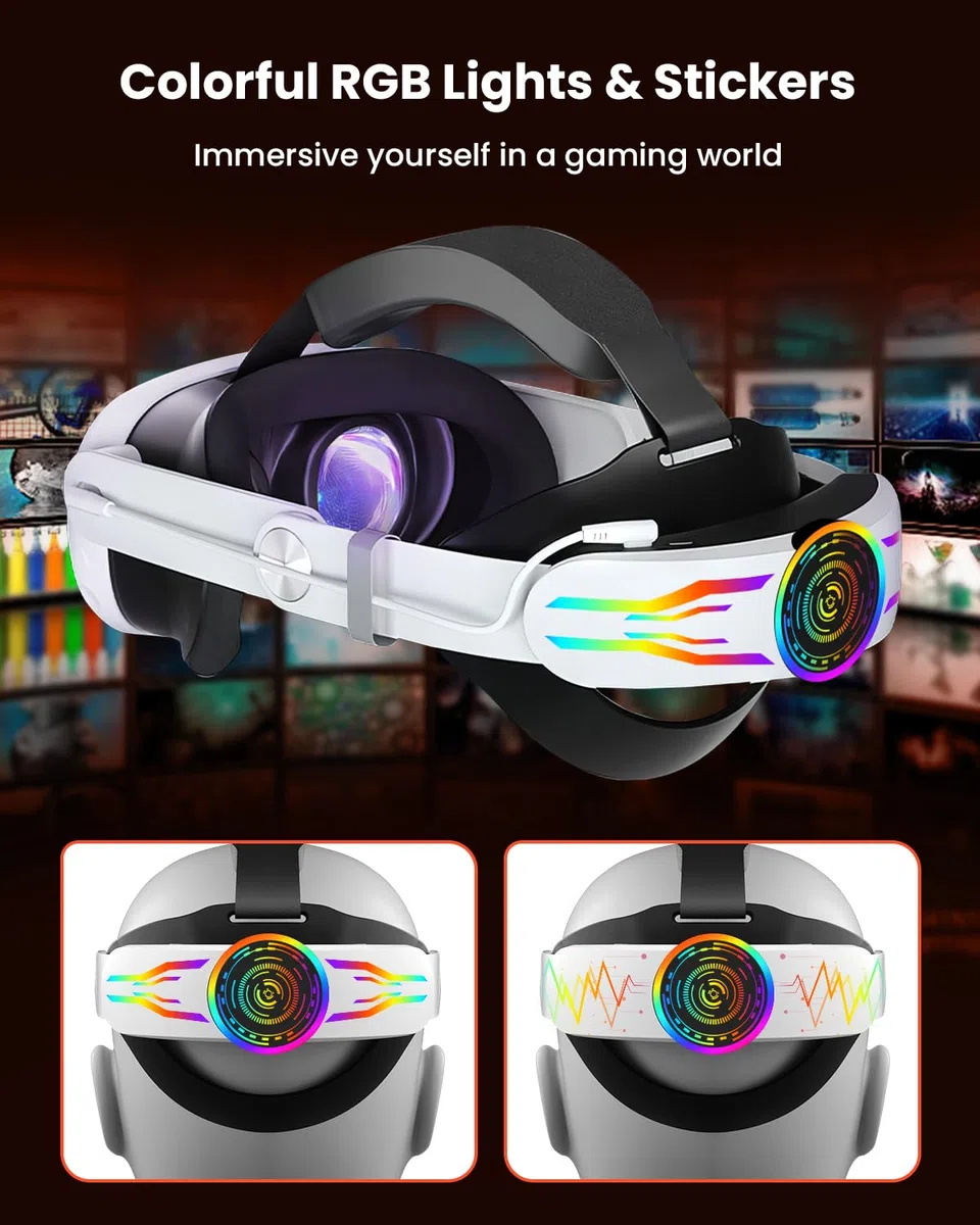 GEEKERA Headstrap Compatibile con Meta-Quest 3/Q3S, Fascia per la Testa RGB con Batteria da 10000 mAh, Regolabile e Ricaricabile Rapidamente, Accessorio VR, Tempo di Gioco Prolungato di 4 ore