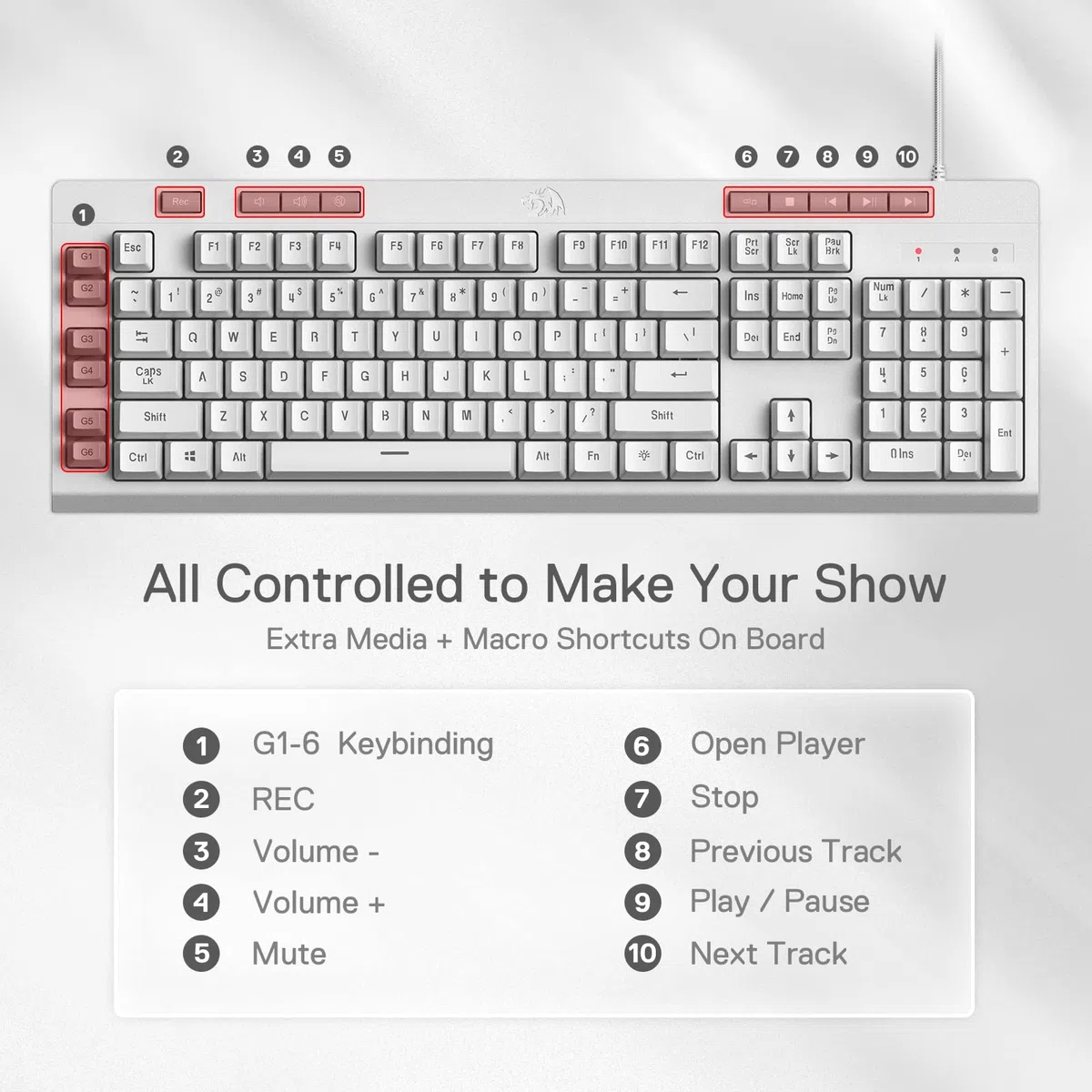 Redragon K512 Shiva - Tastiera da gioco a membrana bianca, illuminazione RGB, tasti G programmabili, controlli multi-media, poggiapolsi integrato, layout QWERTY,US LAYOUT