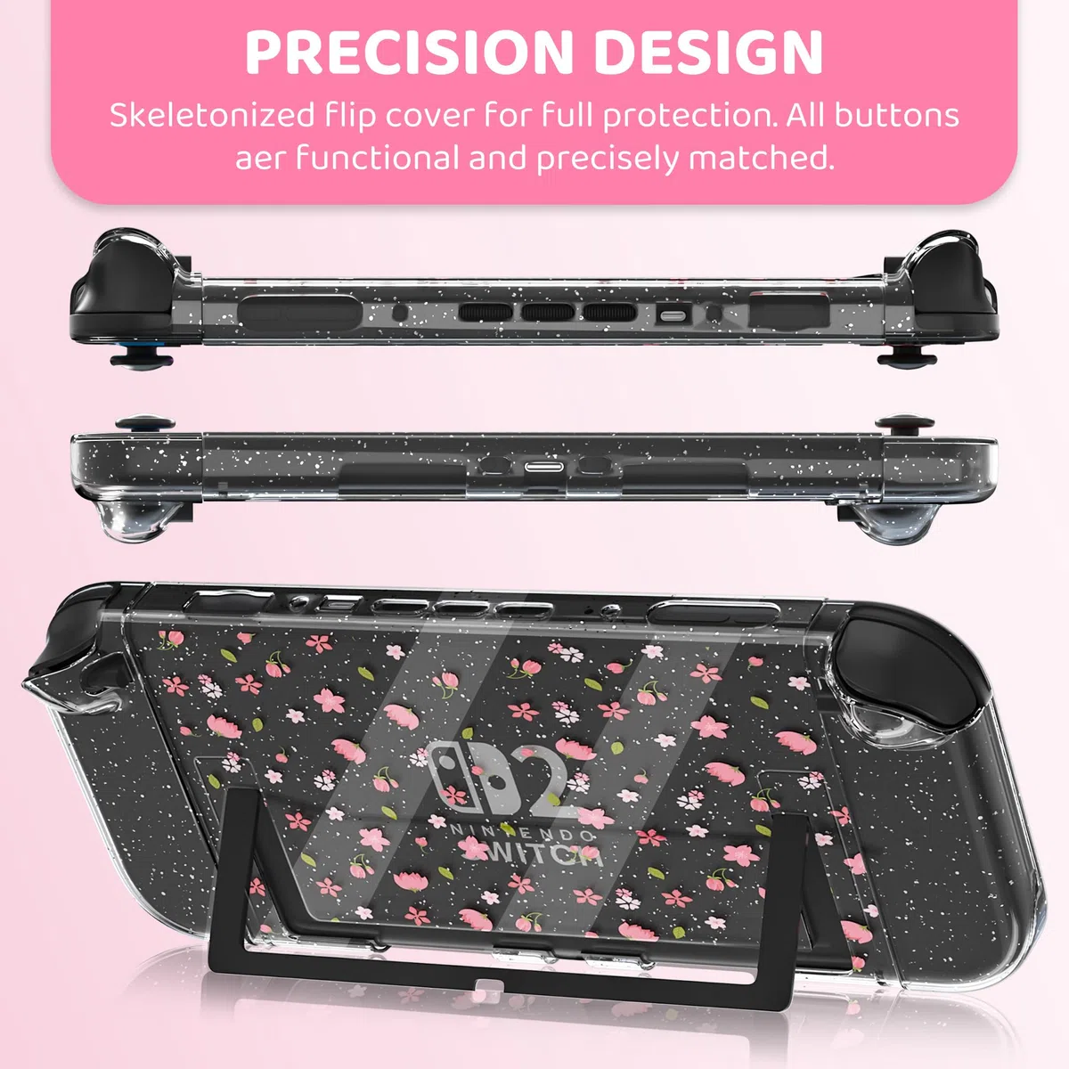 FANPL Custodia da trasporto carina per Nintendo Switch 2, kit di accessori per interruttore rosa con custodia rigida da viaggio con motivo floreale, cover Sakura glitterata, cinturino regolabile