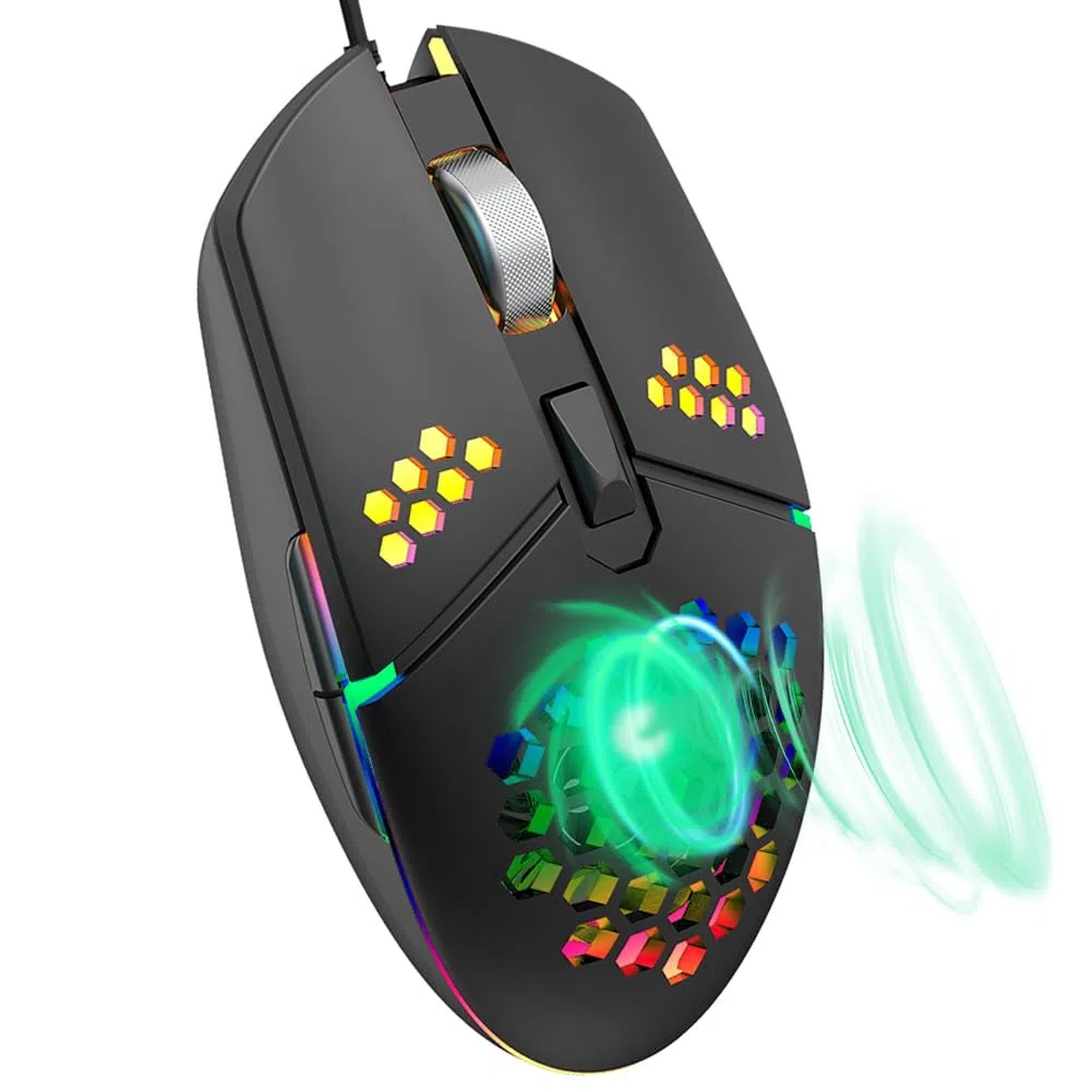 Mouse da gioco cablato con ventola, mouse per PC a nido d'ape con ventola di raffreddamento | Mouse da gioco con LED RGB per laptop, clic silenzioso e 4 livelli DPI, senza palmo sudato