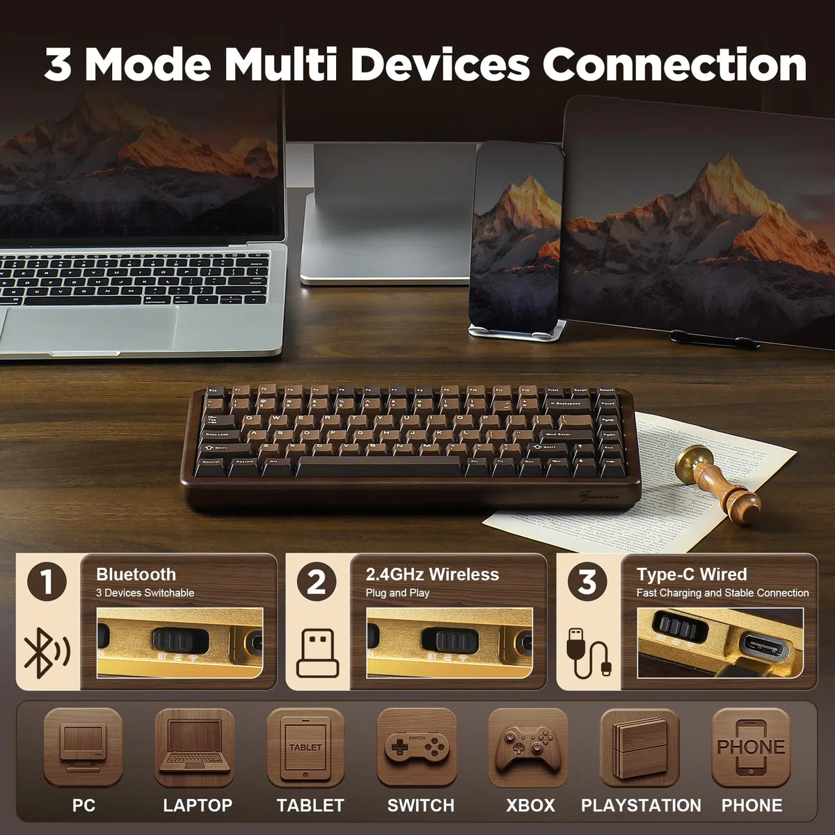 YUNZII WOOD84 Tastiera Meccanica Wireless Gaming 75% in Legno, Keyboard Bluetooth/2.4G/USB-C, Retroilluminazione RGB, Montaggio Tray, Hot-Swap con Tasti PBT per Mac/PC, QWERTY (Candy)