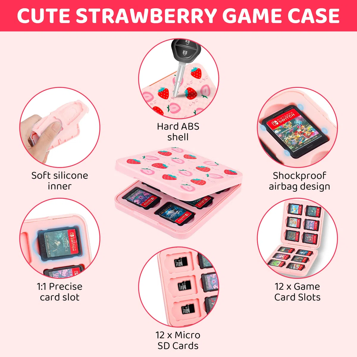 GLDRAM Custodia da trasporto rosa fragola per accessori Nintendo Switch, custodia da viaggio carina con custodia morbida in TPU, custodia da gioco, pellicola protettiva in vetro, tappi per impugnatura