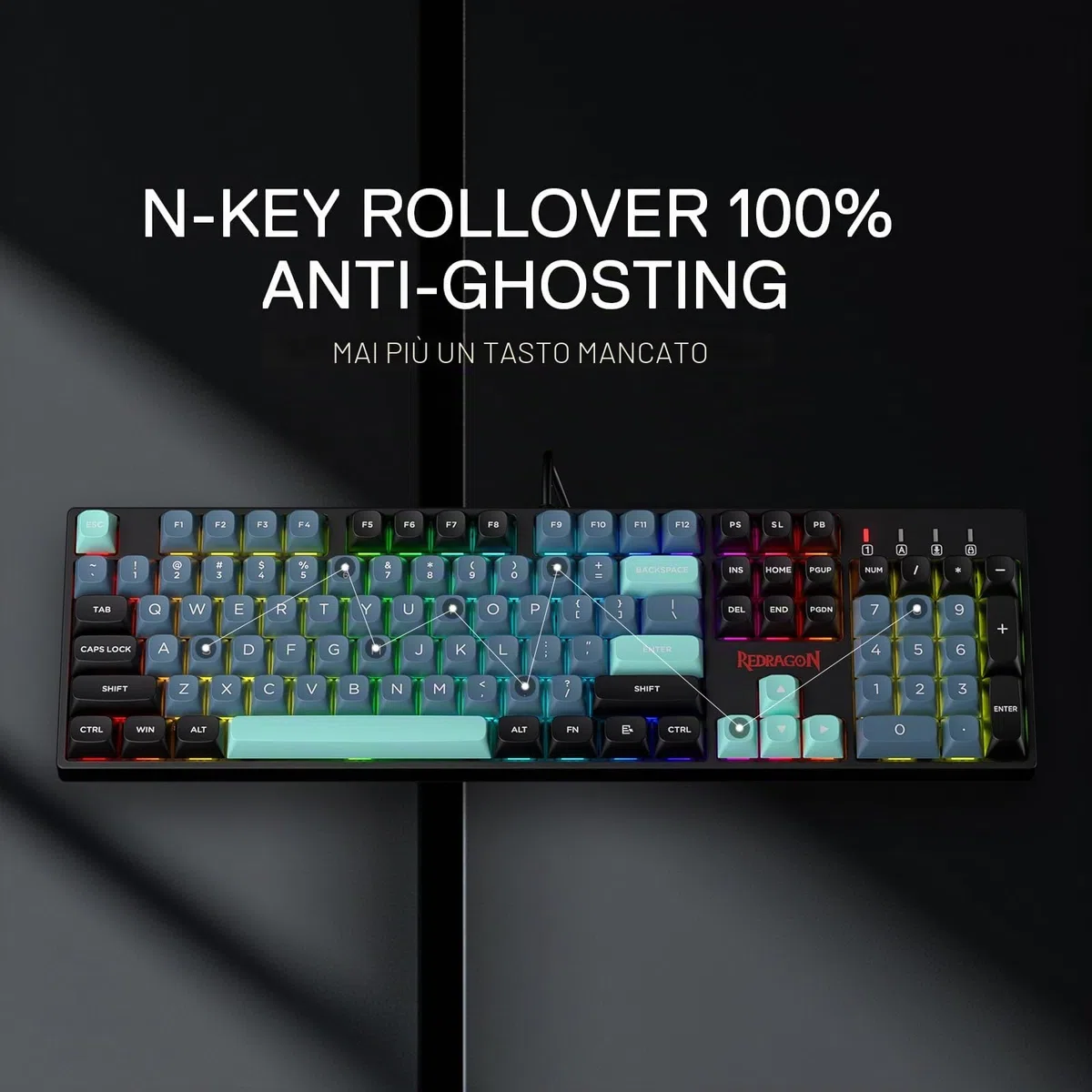 Redragon K582 SE Tastiera Gioco RGB 104 Tasti Hot-Swap PBT US | tastiera gioco RGB cablata 104 tasti meccanica hot-swap migliorata riduzione rumore tasti PBT colori misti US layout