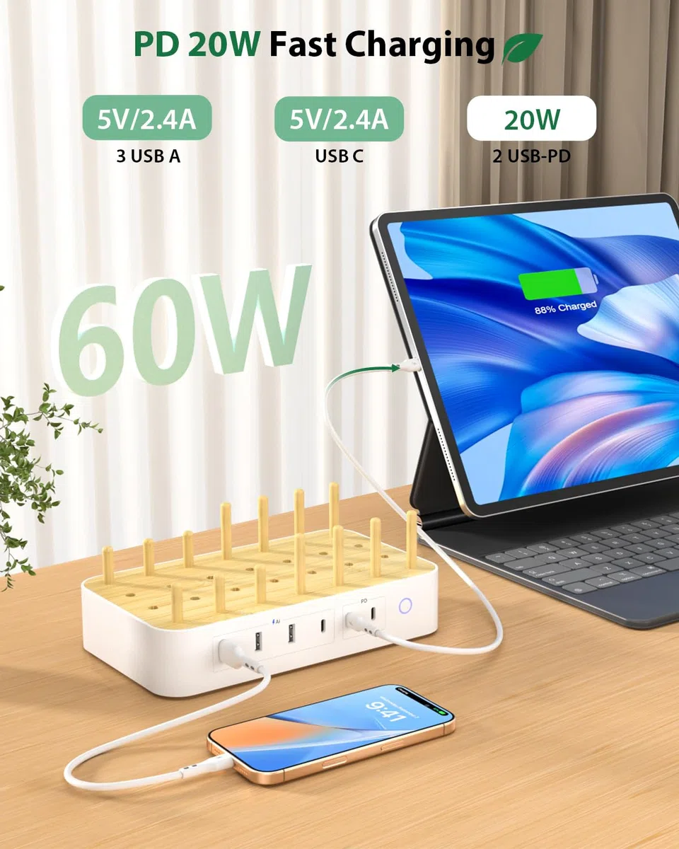 Stazione di Ricarica Bamboo da 60W per Più Dispositivi Con 3 Prese CA, 3 USB-C, 3 USB-A, Cavo di Alimentazione da 2m per IPhone, IPad, Tablet (6 Cavi Misti), Bianco