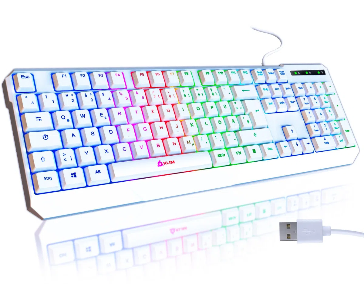 KLIM Chroma De Tastiera Qwertz Tedesco per Gaming USB | Colori da Videogioco e Retroilluminata, PC Console Windows - Bianca