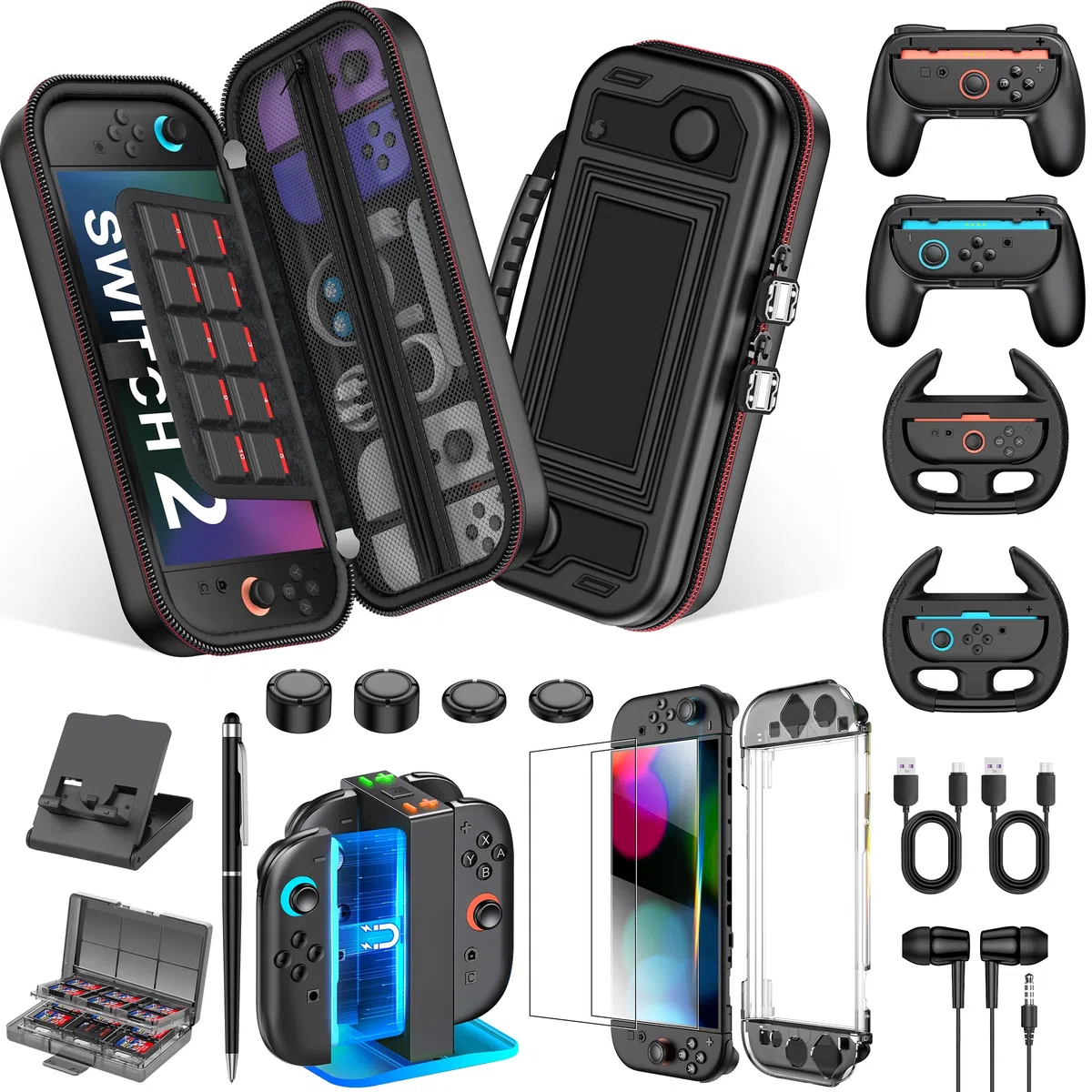 NinABXY Switch 2 Accessori, Bundle 18-IN-1 per Nintendo Switch 2 2025: custodia per il trasporto, custodia per PC trasparente divisa magnetica, doppio dock di ricarica, porta carte di gioco, volanti