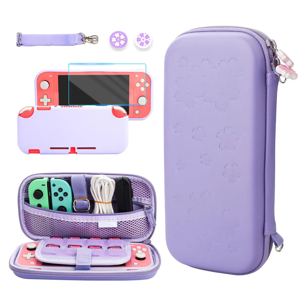GLDRAM Custodia da trasporto per Nintendo Switch Lite, set di accessori con custodia da viaggio Sakura viola, custodia protettiva in morbido TPU, pellicola protettiva per schermo HD, 2 simpatiche