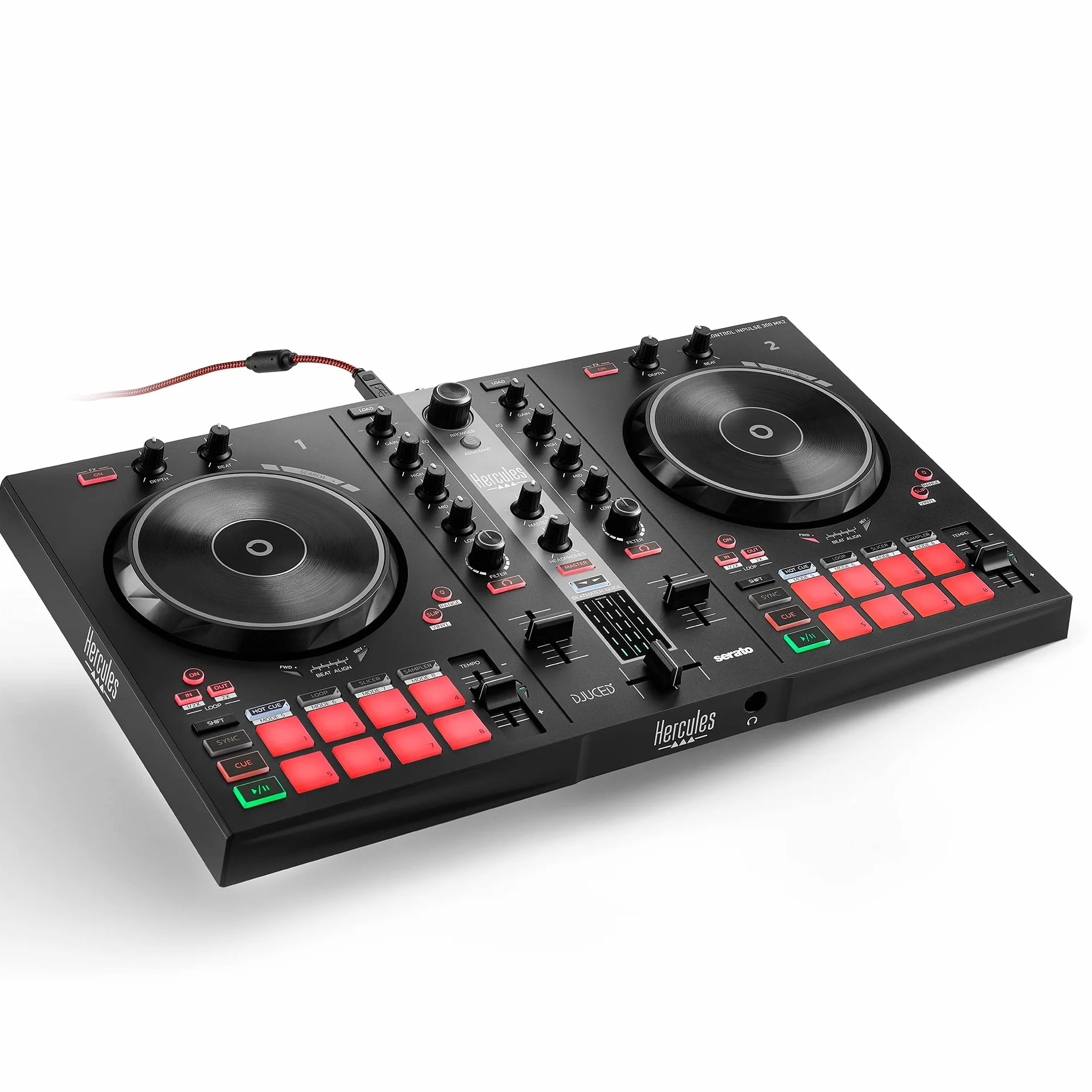 HERCULES DJControl Inpulse 300 MK2, Postazione DJ USB, 2 banchi con 16 pad e scheda audio integrata | Controller 2 deck per Serato e DJUCED con LED Beatmatch Guide, 16 pad performance, Stems preconfigurato