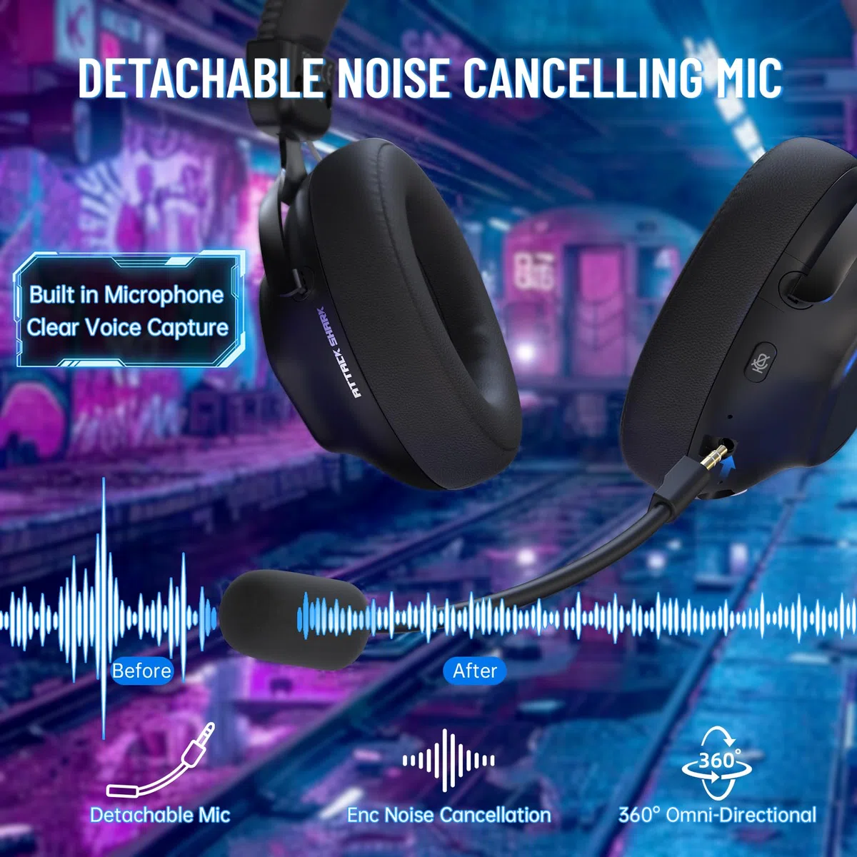 ATTACK SHARK L50PRO Cuffie Gaming Wireless Audio Surround 7.1 Modalità EQ Driver 53mm Connettività Tripla Batteria 1100mAh Cuffie Circumauricolari con Microfono Rimovibile Anti-Rumore,Nero