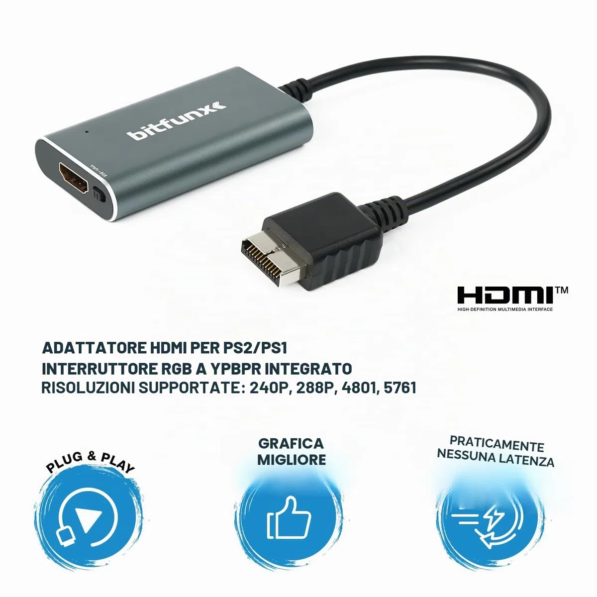 BITFUNX Adattatore HDMI per PS2/PS1/PS One, interruttore RGB integrato a componente, supporta RGB/Component a HDMI 1080P, adattatore per videogiochi Plug & Play