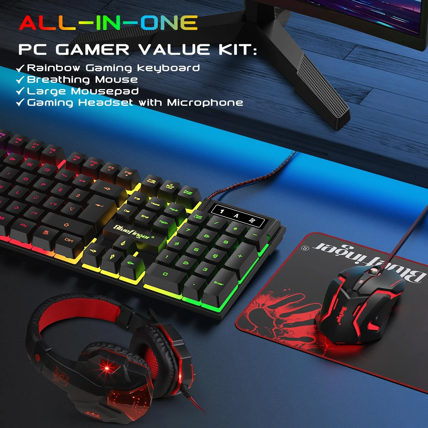 BlueFinger RGB tastiera da gioco e mouse retroilluminati e auricolari tastiera retroilluminata con cavo USB set di mouse per tastiera da gioco cuffie con microfono per computer portatile PC e lavoro