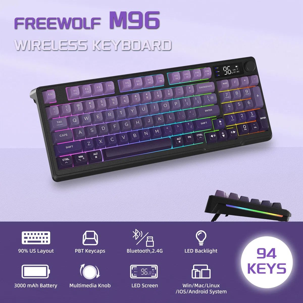 FREEWOLF M96 Tastiera Da Gioco Wireless, Controllo Tramite Manopola Bluetooth/Tastiera Meccanica Wireless 2.4G, Retroilluminazione a LED con Schermo, Copritasto PBT, 3000mAh, QWERTY - Sfumatura Viola