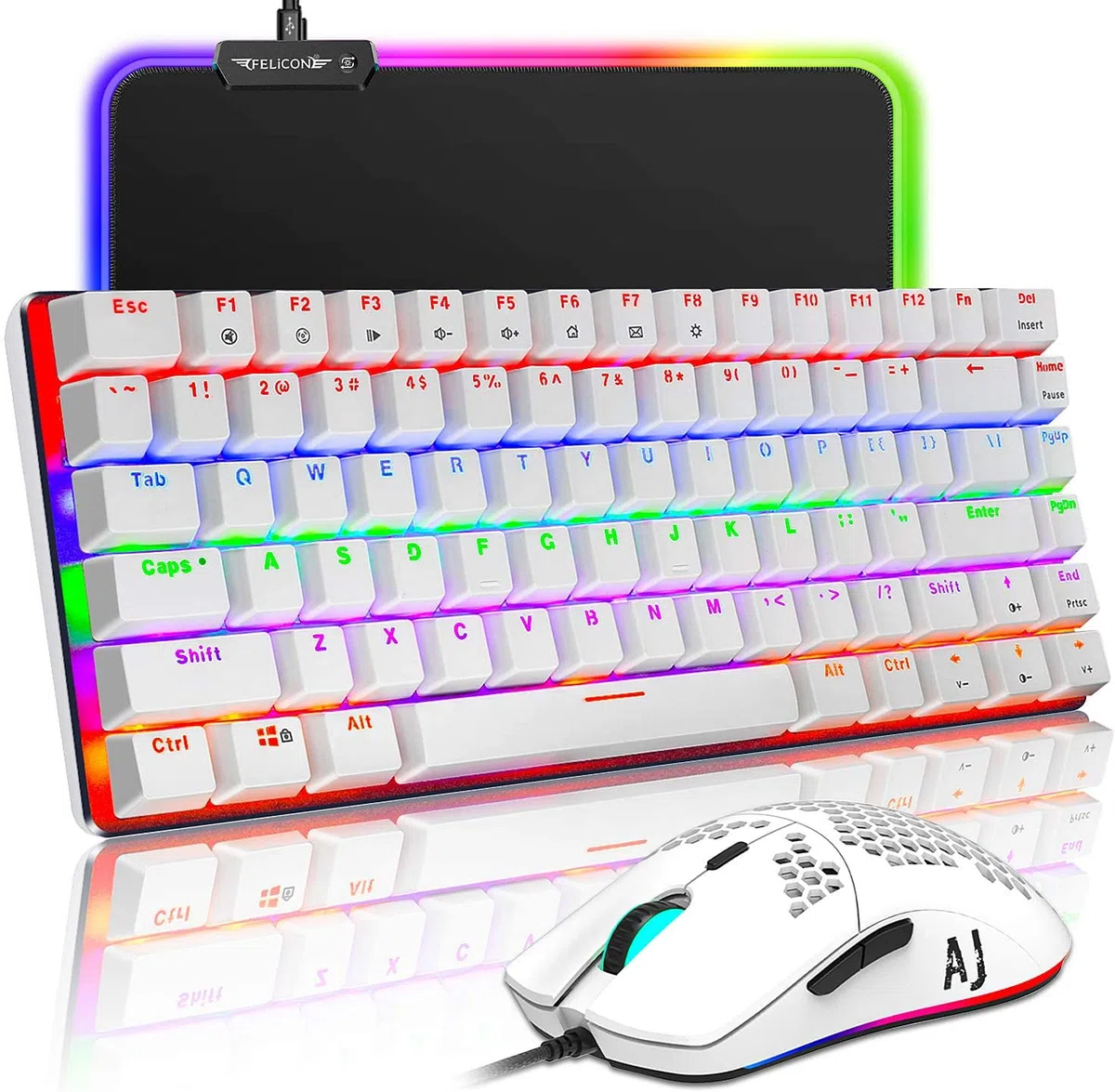 Tastiera da gioco cablata, set di mouse 3 in 1, tastiera meccanica con interruttore blu retroilluminato arcobaleno, mouse da gioco da RGB da 16000 DPI con 7 pulsanti +10 mouse pad retroilluminato RGB