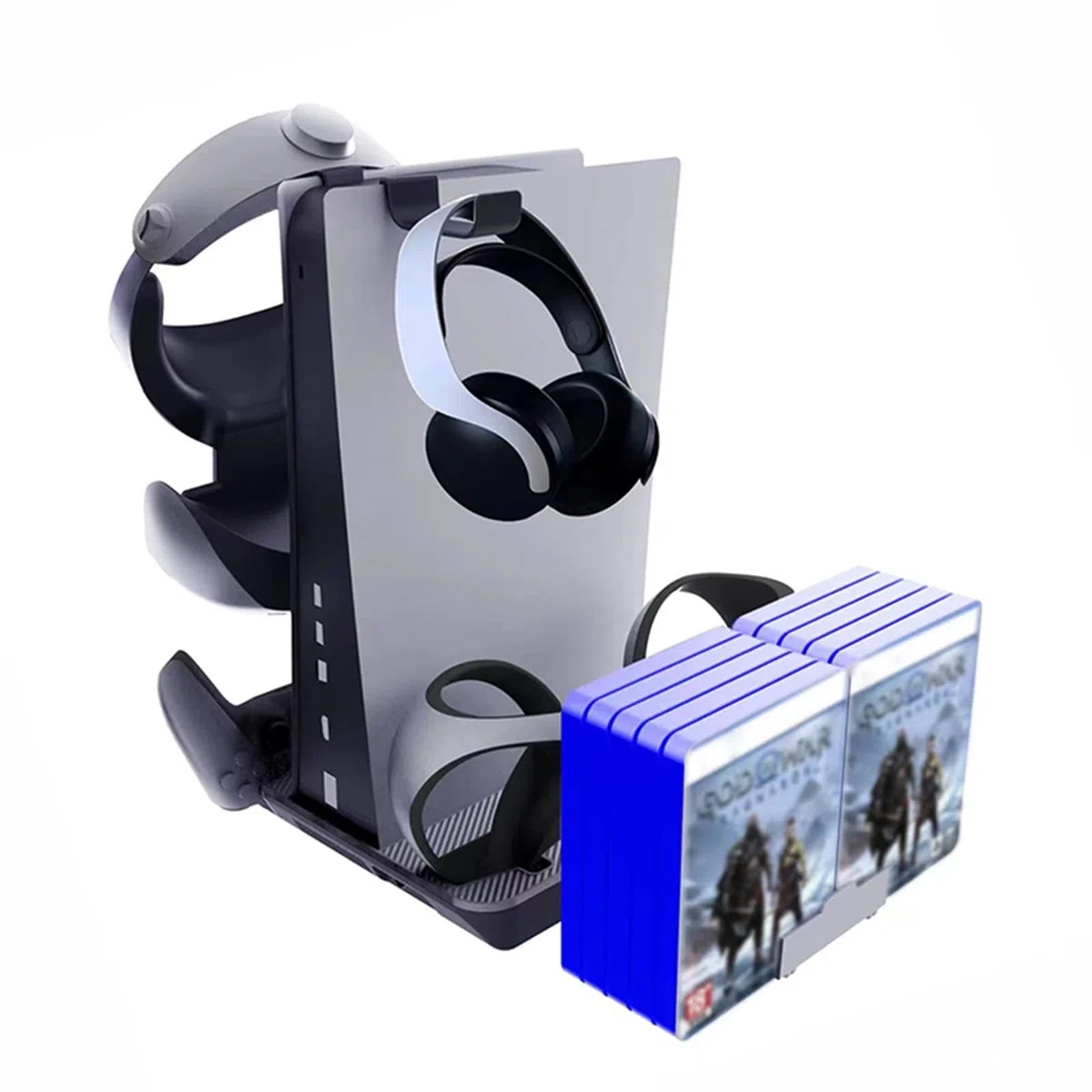 Stazione di ricarica adatta per controller PSVR2/PS5, supporto con ventola di raffreddamento per console PS5 UHD/DE, 4 controller dock caricabatterie e 10 giochi di archiviazione
