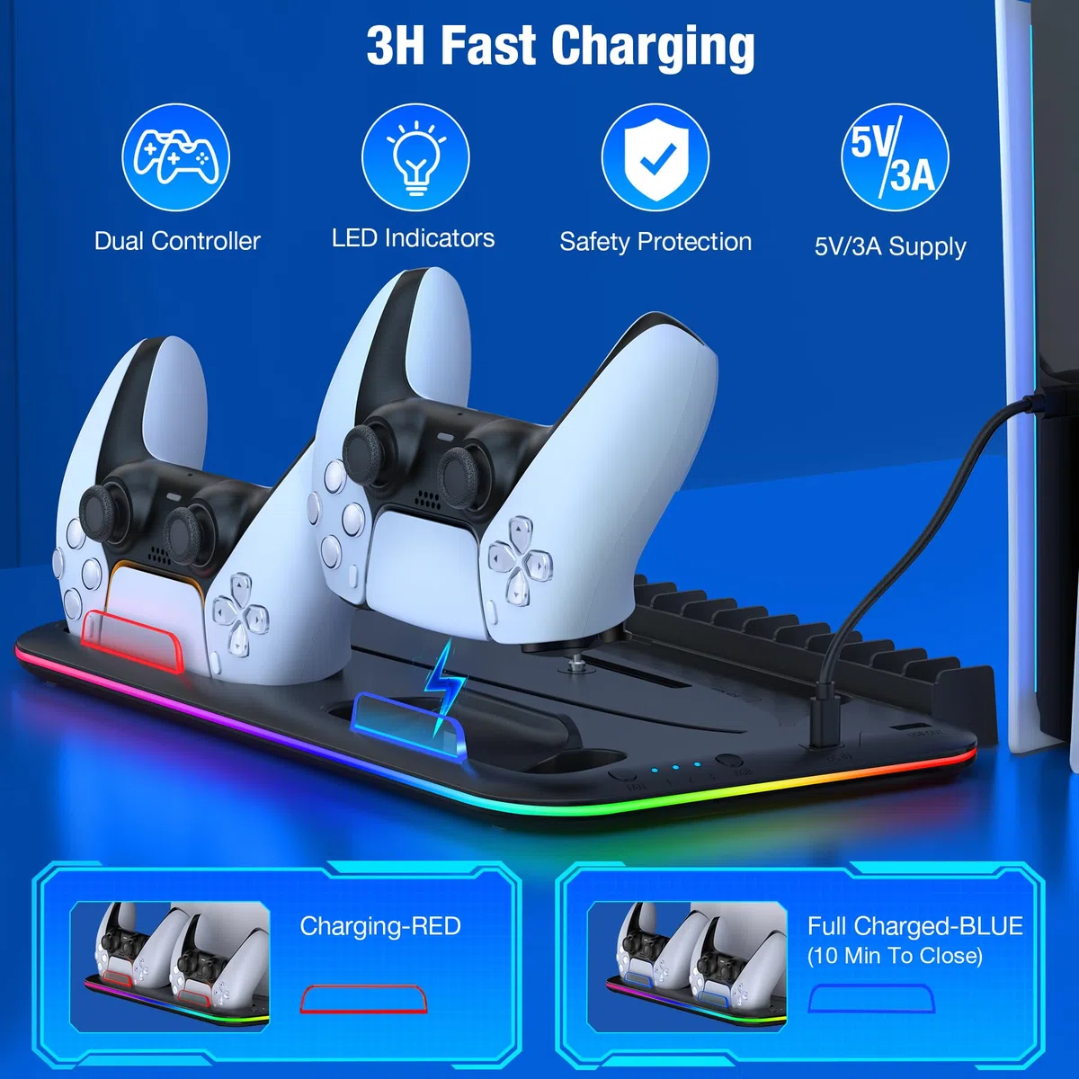 Enhance RGB LED PS5 Stand e stazione di raffreddamento con doppio controller di ricarica, 3 livelli regolabile PS5 Cooler, supporto per cuffie e slot di archiviazione
