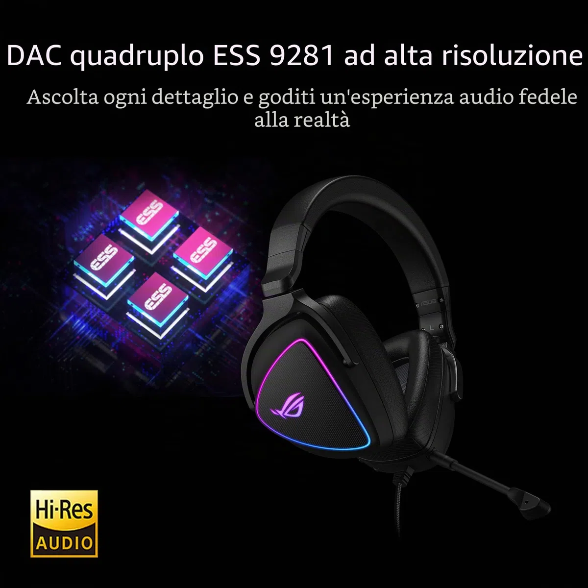 ASUS ROG Delta S Gaming Headset con USB-C | Microfono con cancellazione del rumore alimentato Ai | Cuffie over-ear per PC, Mac, Nintendo Switch e Sony Playstation | Design ergonomico, nero