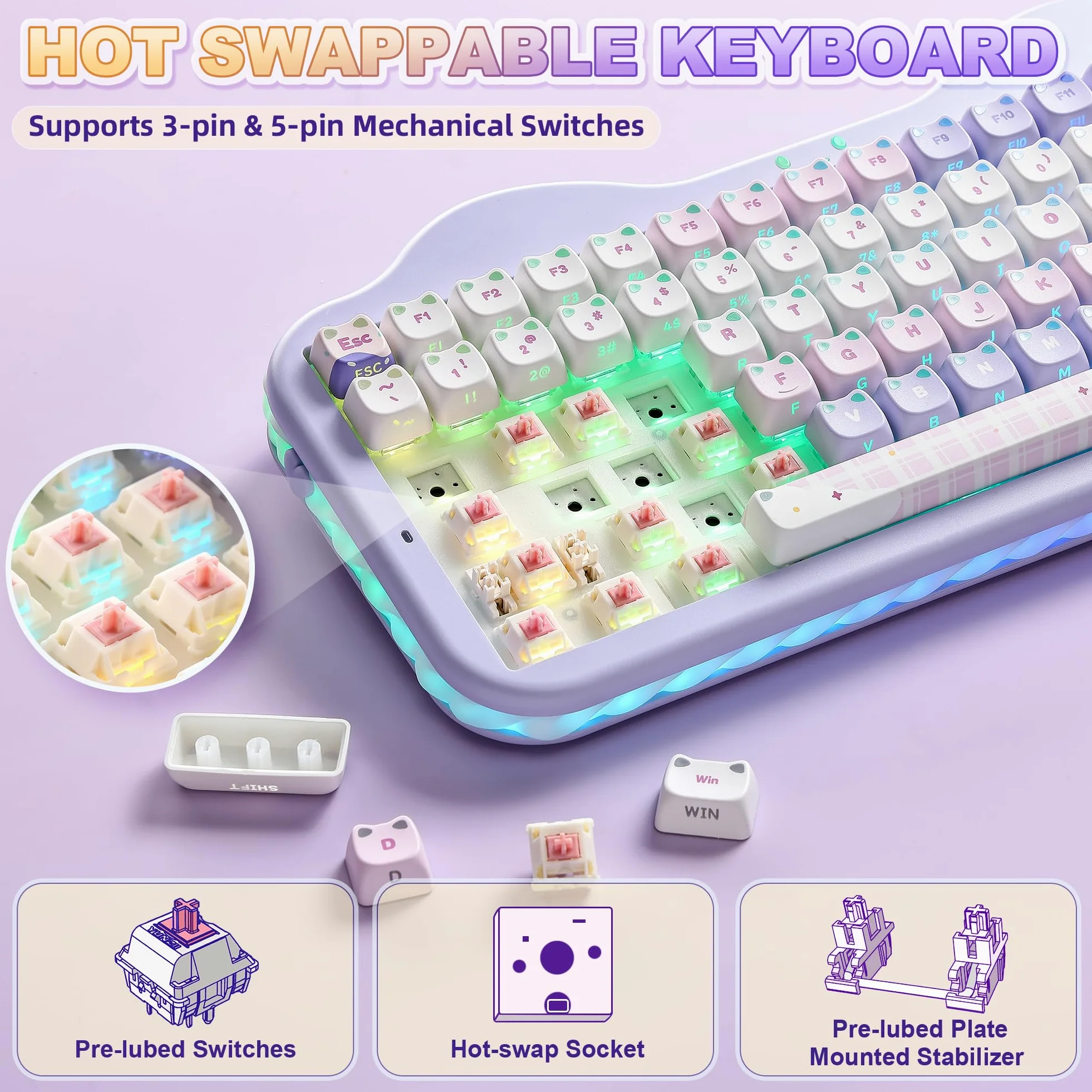 YUNZII C75 MAO Cat Tastiera Meccanica Gaming (Purple, Candy-linear) | 75% Layout, Hot Swap, BT/2.4G/USB-C, PBT Keycaps, RGB Retroilluminata, Suono Cremoso Thocky, NKRO, Cute Keyboard for Gaming