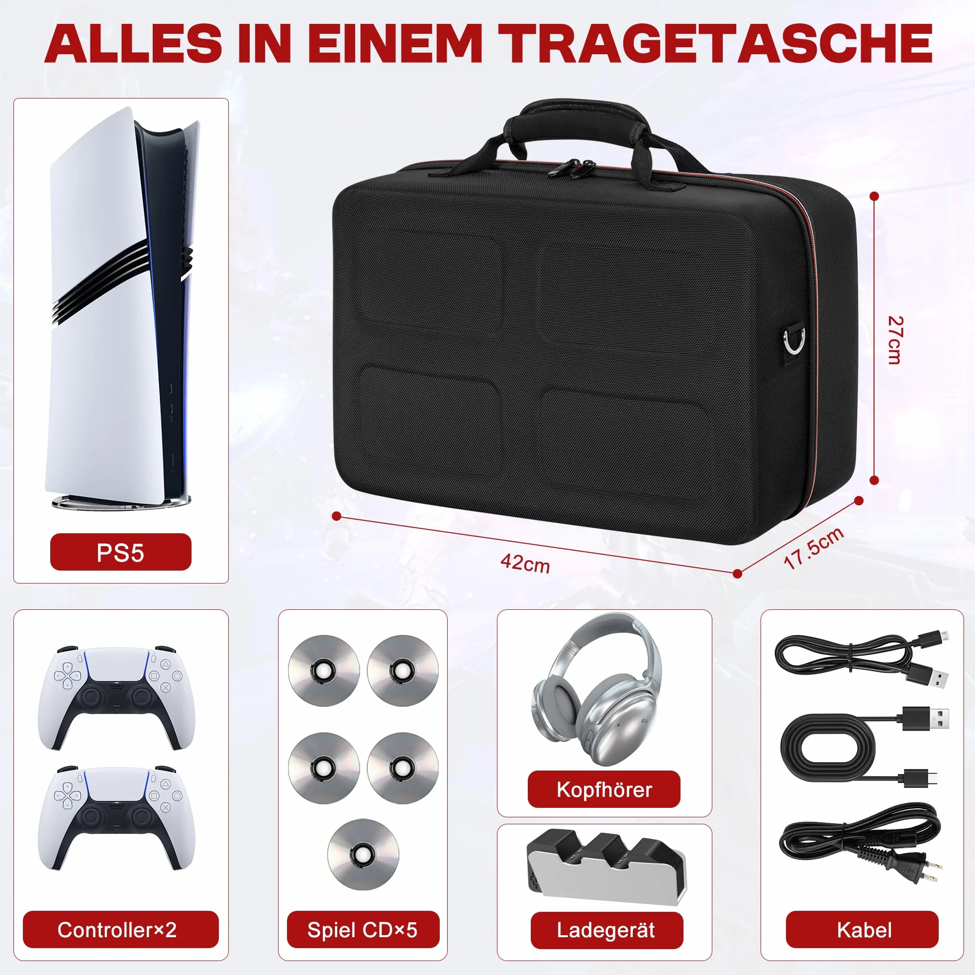 OUUTMEE Custodia da trasporto Applicabile a Play station 5, compatibile con PS5/PS Slim/PS5 Pro, borsa protettiva con tracolla per console Disc/Digital Edition, schede di gioco, HDMI