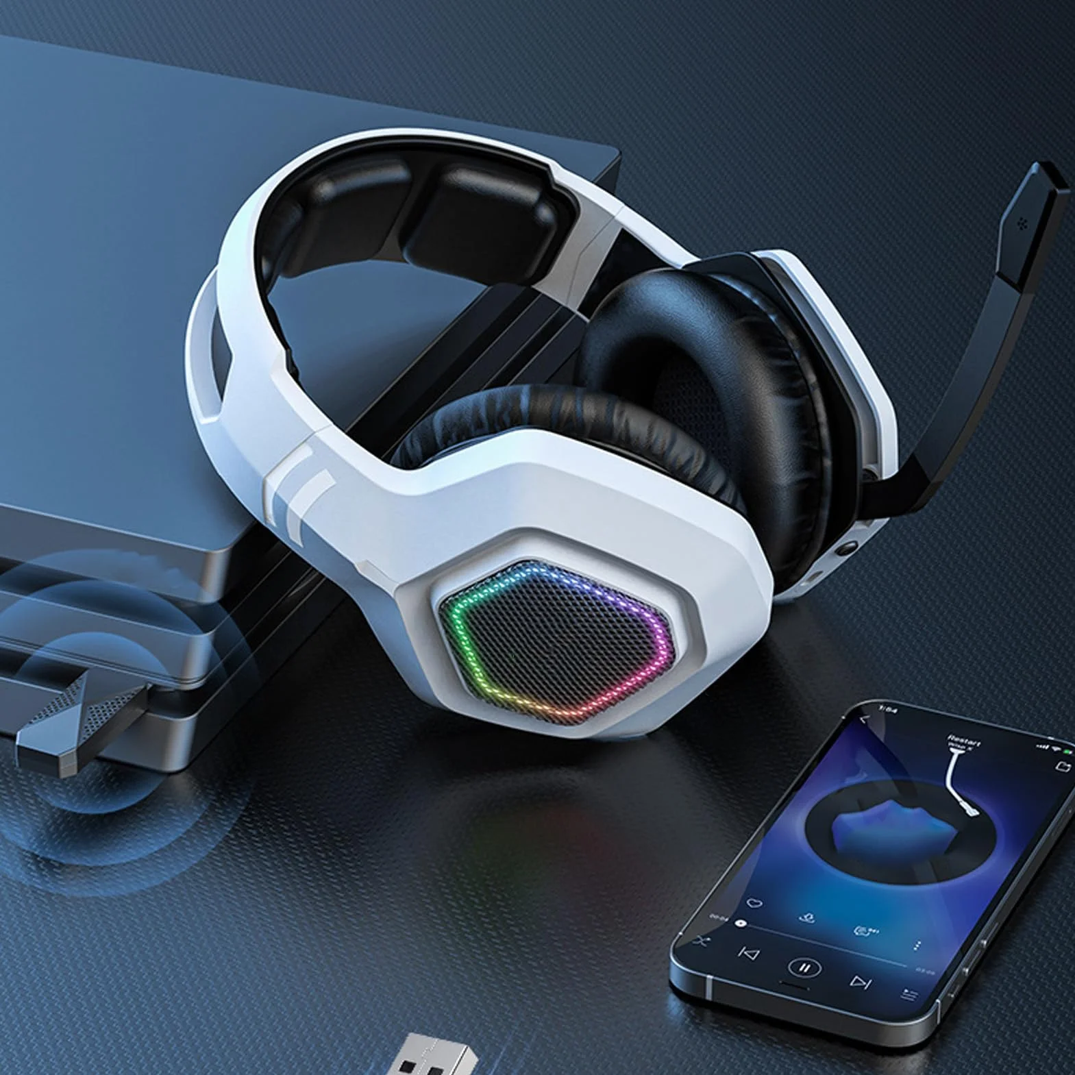 Drfeify Cuffie Wireless Gaming, 2.4Ghz per PC con Microfono e USB bianche, for Gamer, Streaming, Casual Users