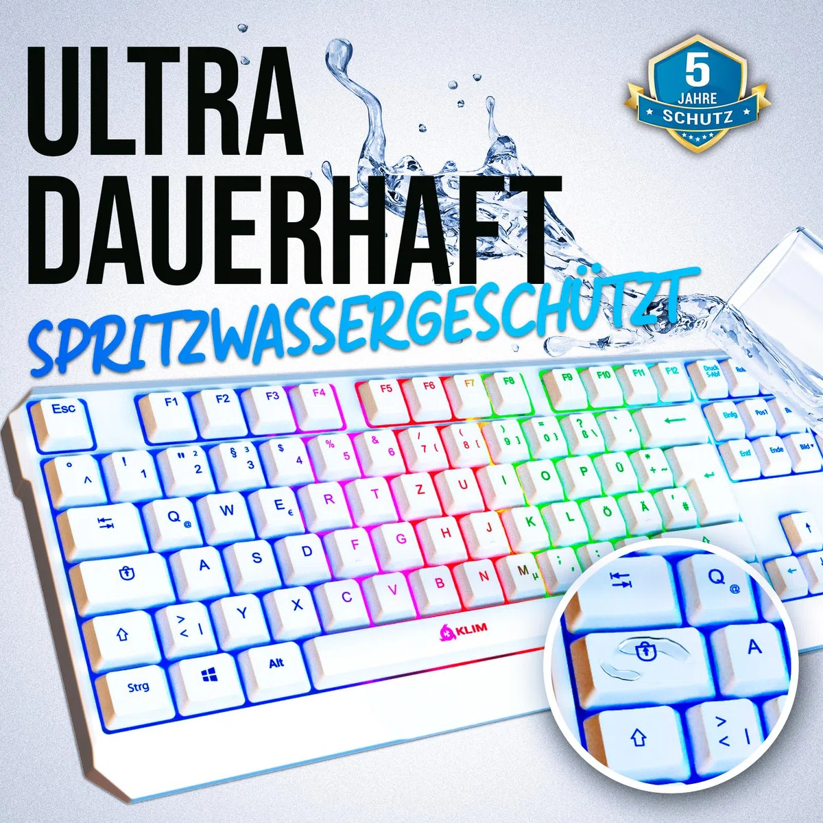 KLIM Chroma De Tastiera Qwertz Tedesco per Gaming USB | Colori da Videogioco e Retroilluminata, PC Console Windows - Bianca