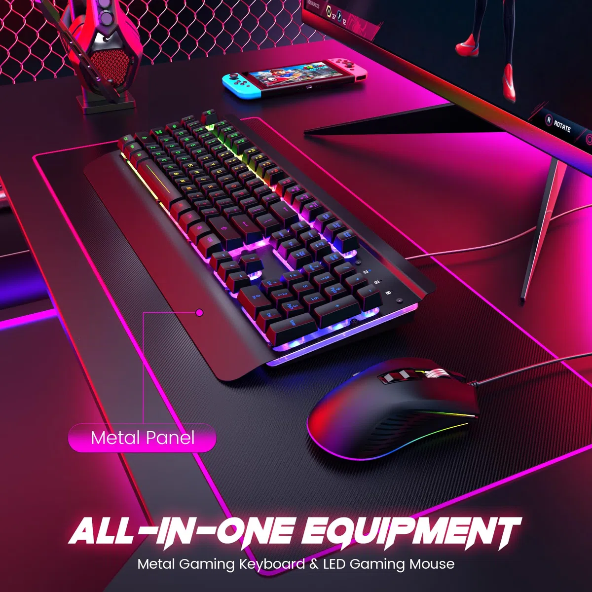Tastiera da gioco e mouse, 104 tasti, pannello interamente in metallo illuminato, tastiera silenziosa per computer, poggiapolsi, mouse da gioco retroilluminato a LED, 4200 DPI, set con