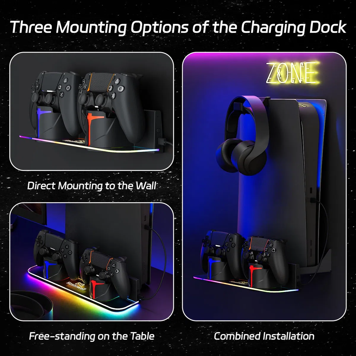 Hosanwell Kit di montaggio a parete per PS5 con stazione di ricarica, compatibile con PlayStation 5 e PS5 Slim e Pro, ricarica rapida 2 ore, stazione di ricarica a doppio uso con luce RGB