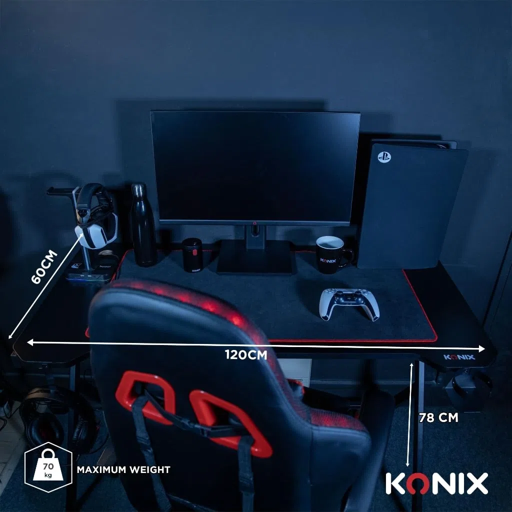 Konix Scrivania gaming Fenris 120 x 60 x 78 cm a forma di Y - Piano del tavolo in legno e metallo - Portabicchieri - Supporto per cuffie - Nero