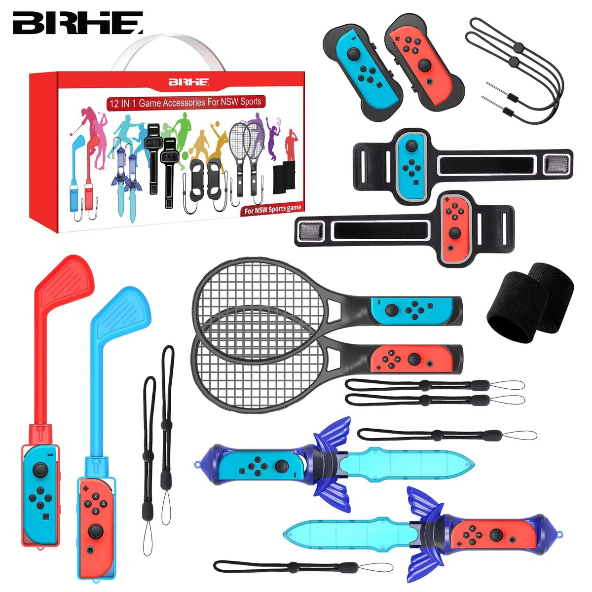 BRHE Nintendo Switch - Accessori sportivi 12 in 1 per giochi sportivi Nintendo Switch, kit di accessori per la famiglia per giochi sportivi Switch/OLED con cinturino da gamba, mazze da golf, racchette