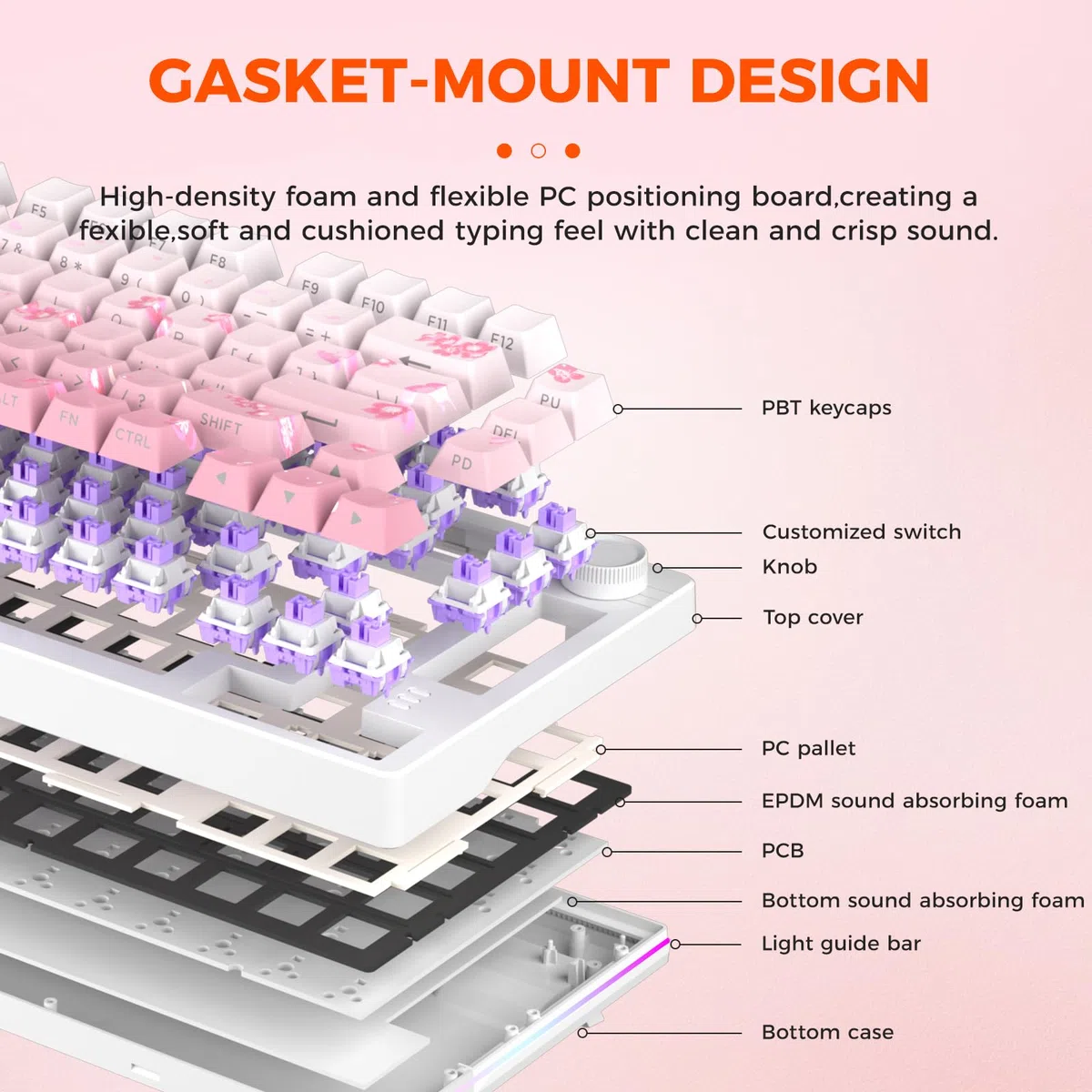 DAREU EK75PRO Sakura Pink Tastiera Meccanica Senza Fili 75% RGB Hot Swap Creamy Tastiera Gamer Meccanica con Knob, 2.4Ghz/BT5.1/USB-C, Gasket Mount, PBT Keycaps, Linear Dream Switch per Win/Mac