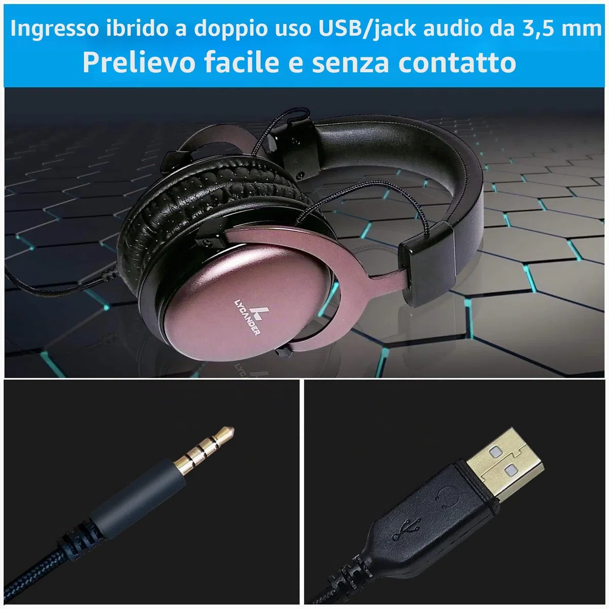 LYCANDER Cuffie USB con microfono staccabile, jack audio ibrido da 3.5 mm e ingresso USB, struttura in metallo robusto, ampia compatibilità, adatto per chiamate in conferenza, musica, film e giochi