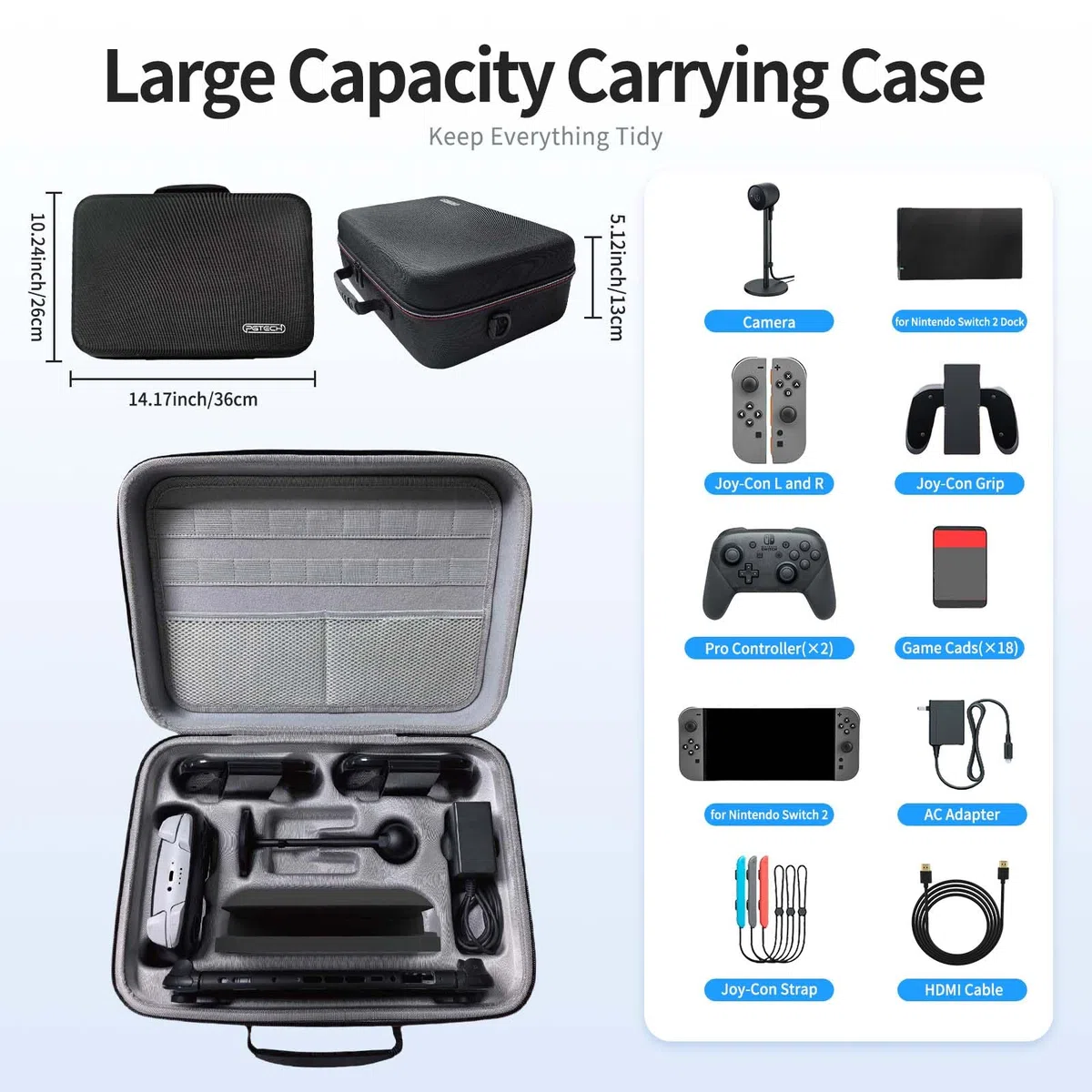AriKroii Custodia da trasporto compatibile con Nintendo Switch 2, con 18 cartucce di giochi e custodia da viaggio per fotocamera per Switch 2 e Switch 2, con manici e spallacci