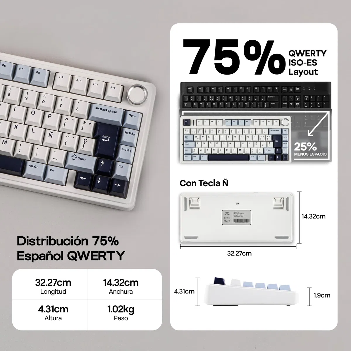 EPOMAKER Aula F75 ISO-ES Tastiera Meccanica Spagnolo con Maniglia, Tastiera Wireless Gaming, BT/2.4G/USB, Gasket Cremoso, Retroilluminazione RGB, Hot-Swap, 75%, PBT Keycap (Blu Bianco)