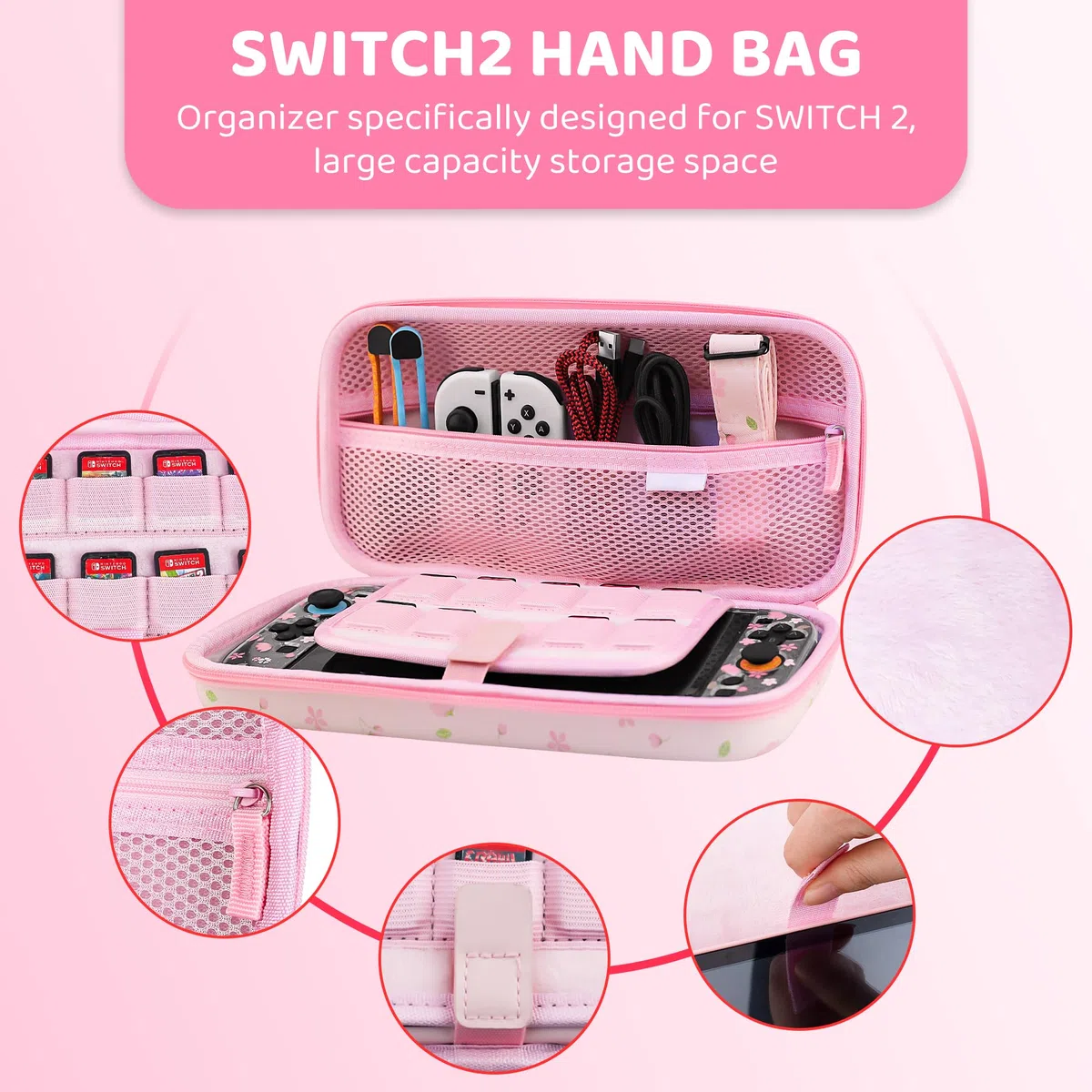 FANPL Custodia da trasporto carina per Nintendo Switch 2, kit di accessori per interruttore rosa con custodia rigida da viaggio con motivo floreale, cover Sakura glitterata, cinturino regolabile
