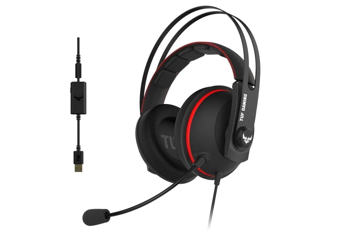 ASUS TUF Gaming H7 Cuffie gioco per PC, PS4, Nintedo Swicth, XBOX One, Audio virtuale 7.1 integrato, cuscinetti confortevoli, colore Rosso.
