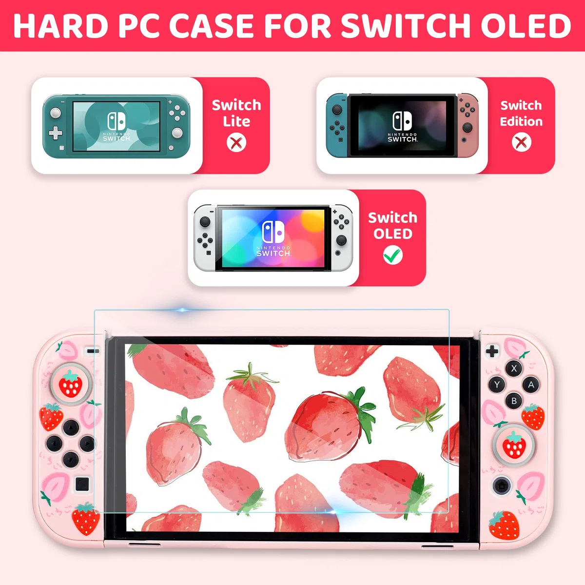 GLDRAM - Custodia da trasporto 6 in 1 per Nintendo Switch OLED, custodia da viaggio carina con cover rigida in PC rosa, pellicola protettiva in vetro, tappi per impugnatura per pollice, tracolla per