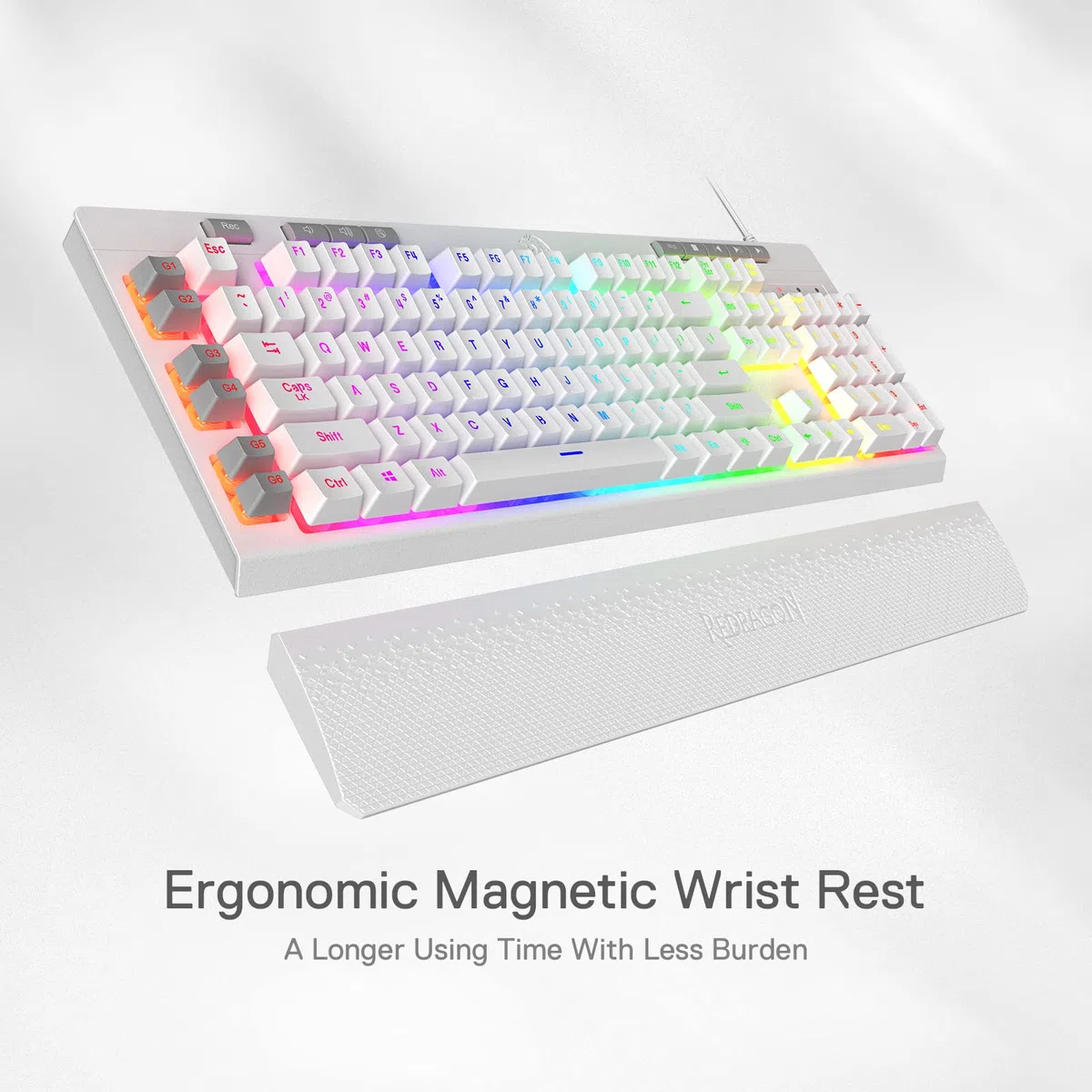 Redragon K512 Shiva - Tastiera da gioco a membrana bianca, illuminazione RGB, tasti G programmabili, controlli multi-media, poggiapolsi integrato, layout QWERTY,US LAYOUT