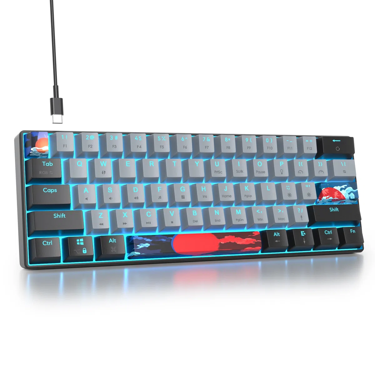 Mini tastiera meccanica da gioco RGB, 60% percento, interruttore blu, ultra compatta, retroilluminata, ergonomica, cablata, con tasti in PBT grigio/nero, per Mac/Win/PC/ps4/ps5 (interruttore