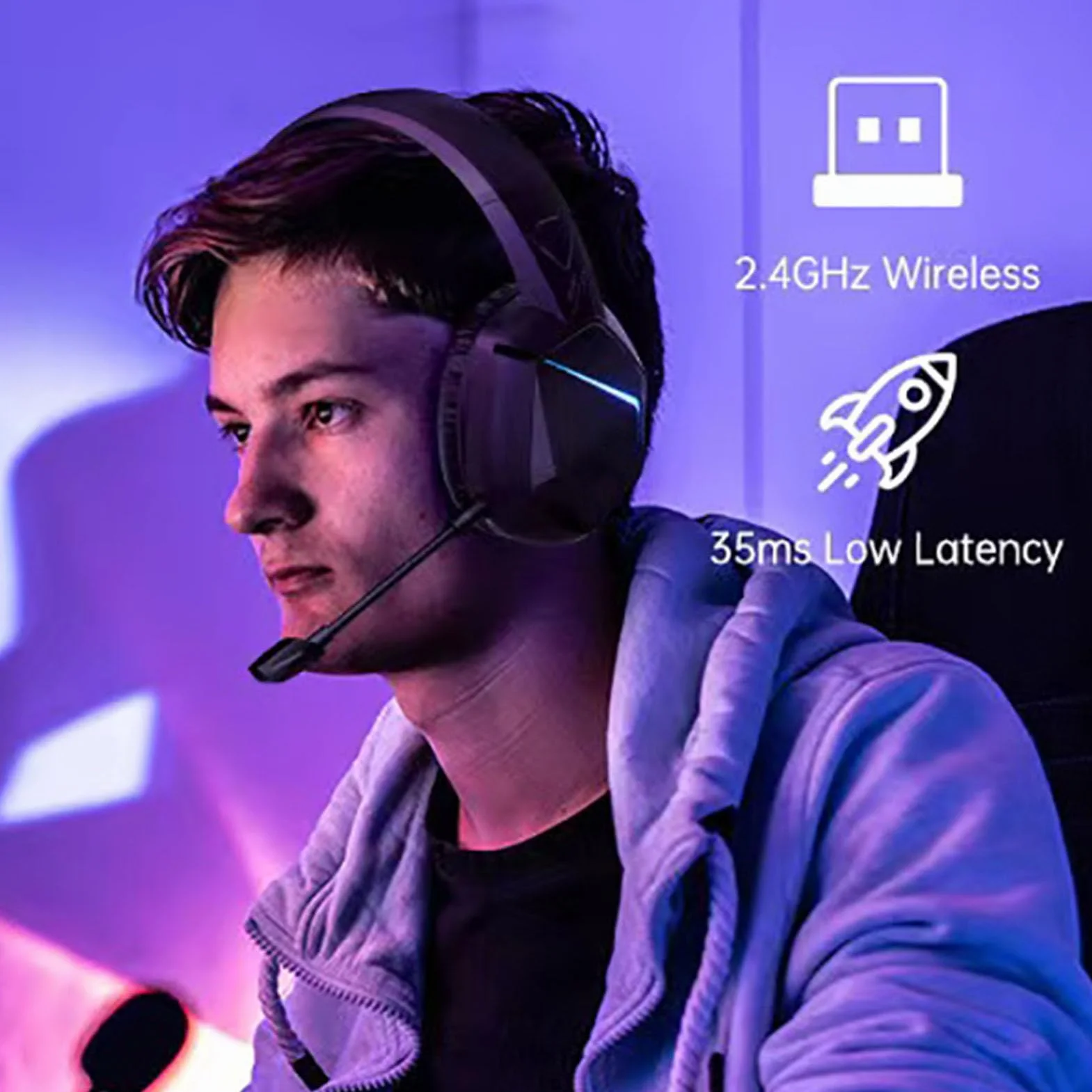 Septpenta Cuffie da Gioco Wireless da 2, 4 GHz, Illuminazione RGB, Cancellazione del Rumore a Bassa Latenza, Cuscinetti Auricolari Morbidi e Delicati sulla Pelle, Microfono Staccabile