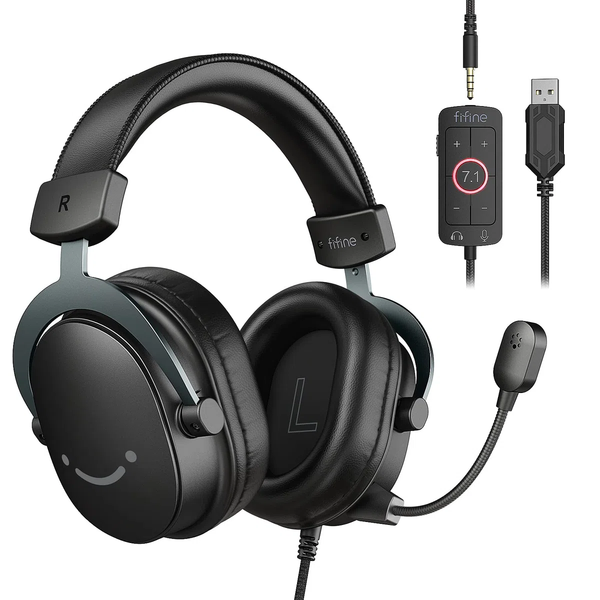 FIFINE Cuffie da gioco per PC, cuffie USB Streaming con jack da 3,5 mm, microfono staccabile, suono surround 7.1 per PS4 PS5, cuffie over-ear nere H9