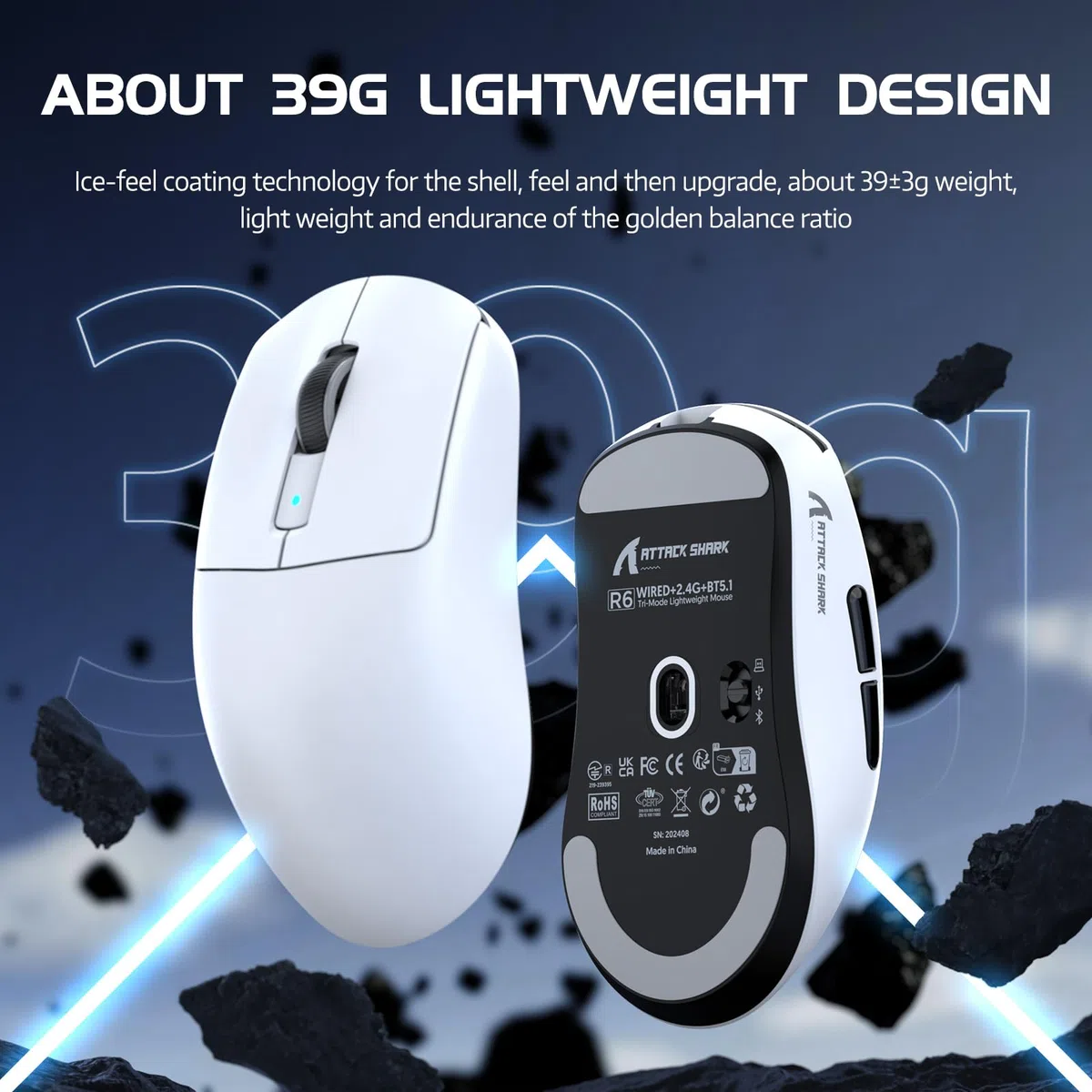 ATTACK SHARK R6 Mouse da gioco wireless 8KHz, SUPERLEGGERO 42g, Nordic 52840 MCU, sensore da gioco PixArt PAW3950MAX, BT/2.4G/Cablato, 6 DPI regolabili fino a 42000, batteria da 250mAh, PC/Mac(bianco)