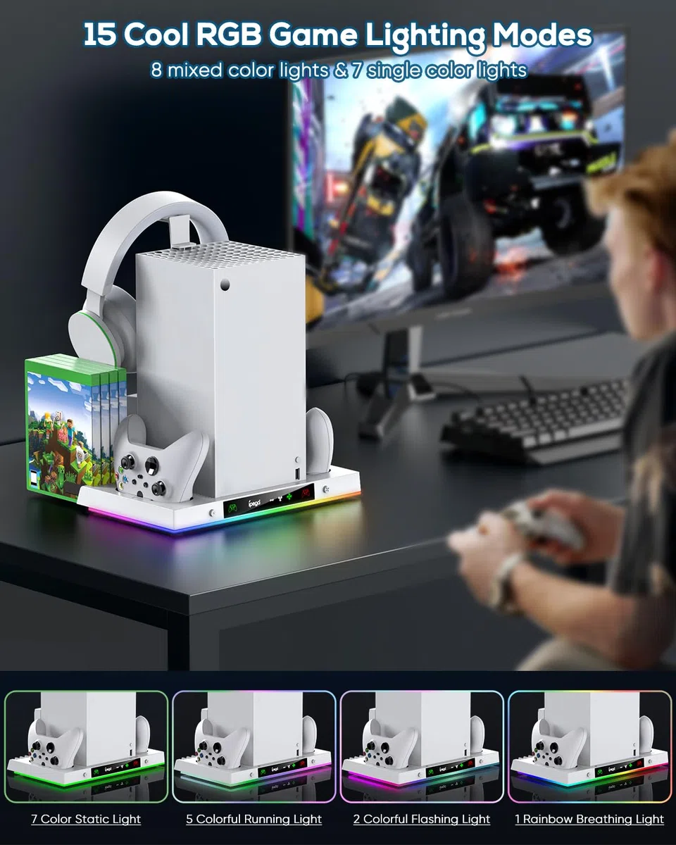 MENEEA Stazione di ricarica per ventola di raffreddamento migliorata per console e driver Xbox Series X, doppia stazione di ricarica e supporto del sistema di raffreddamento con 15 luci colorate per