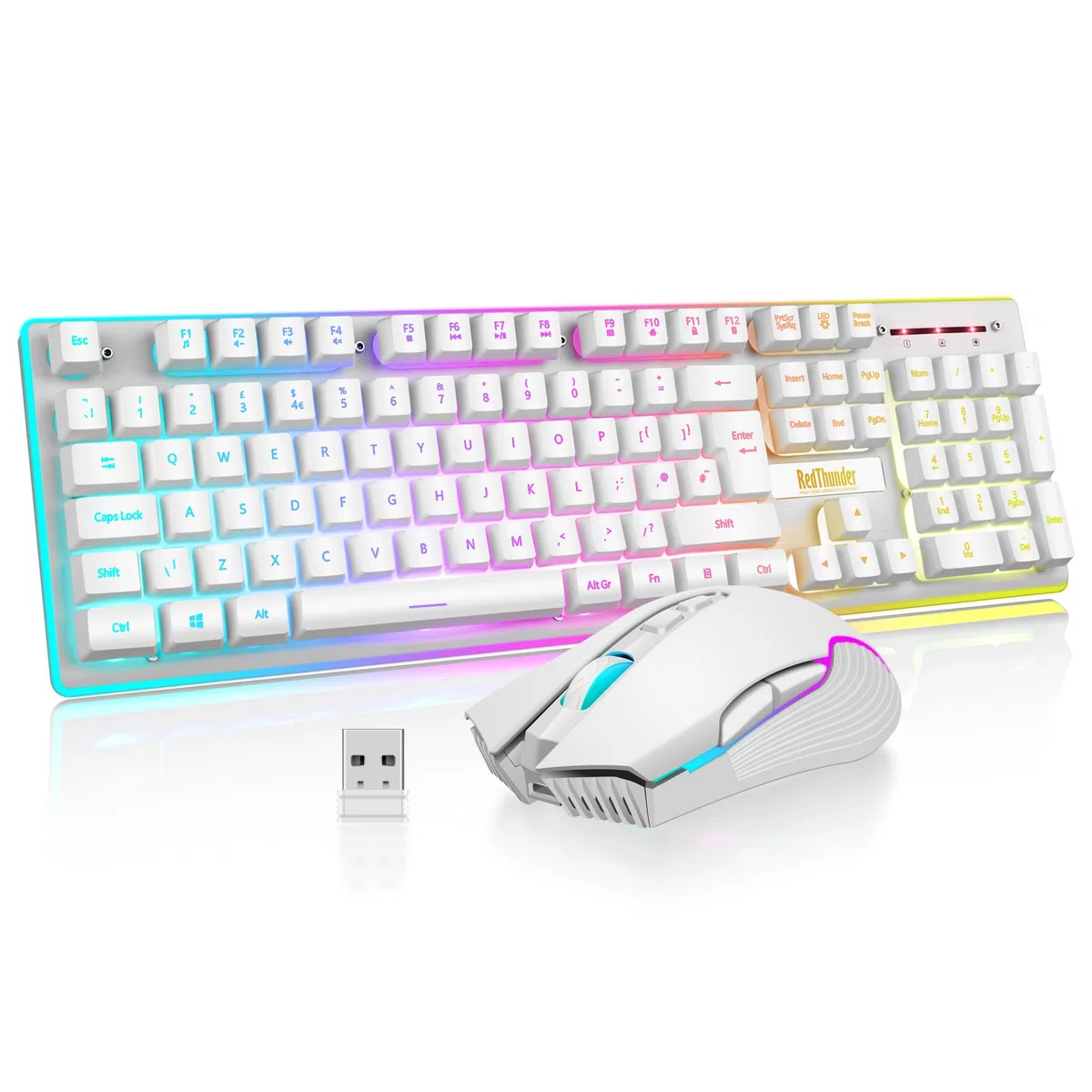 RedThunder K10 - Tastiera e mouse wireless da gioco, batteria ricaricabile con retroilluminazione a LED da 3800 mAh, tastiera meccanica con layout inglese + mouse 7D 3200DPI per PC gamer (bianco)