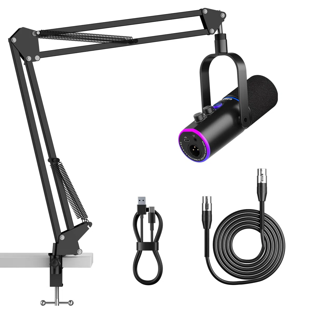 Ortizan Microfono dinamico XLR/USB, microfono per podcast, microfoni a condensatore con pulsante mute, effetti riverbero, cancellazione del rumore, supporto per braccio, jack per cuffie, streaming