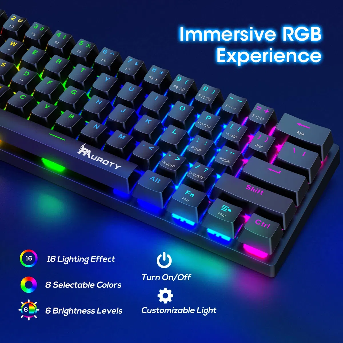 Pauroty 60% tastiera meccanica senza fili, modalità tripla 2.4G/USB-C/Bluetooth per i giochi, retroilluminazione RGB, interruttore blu Clicky, mini tastiera wireless ricaricabile a 61 tasti per iPad