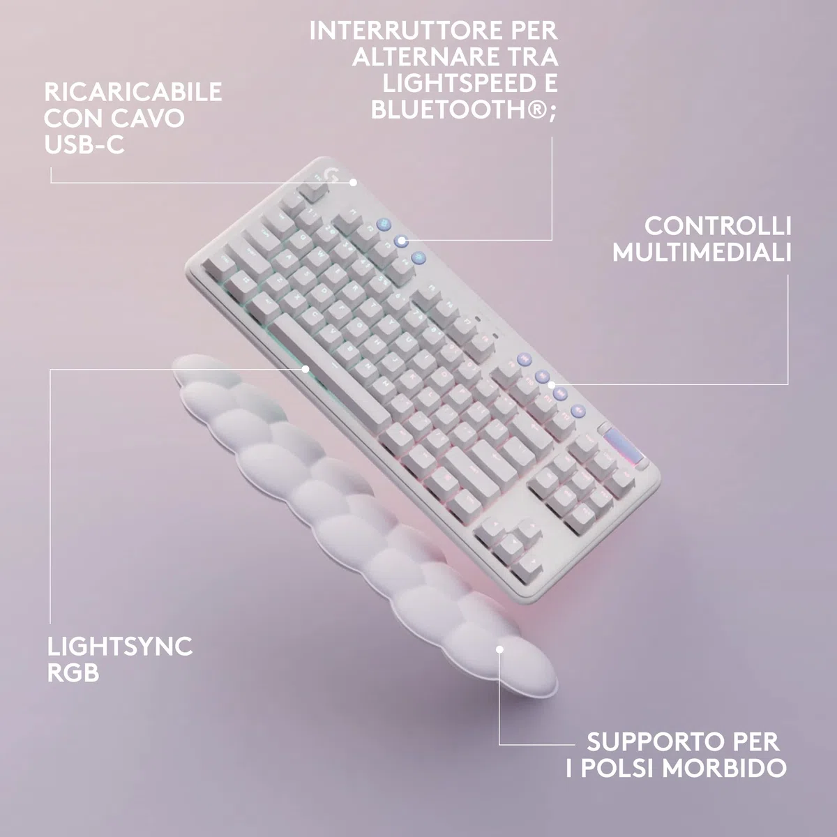 Logitech G715 Tastiera Gaming Wireless con Luce RGB LIGHTSYNC | Velocità Della LUCE, Linear Switch (Rosso GX) e Supporto Per Tastiera, Compatibile con PC e Mac - Bianco